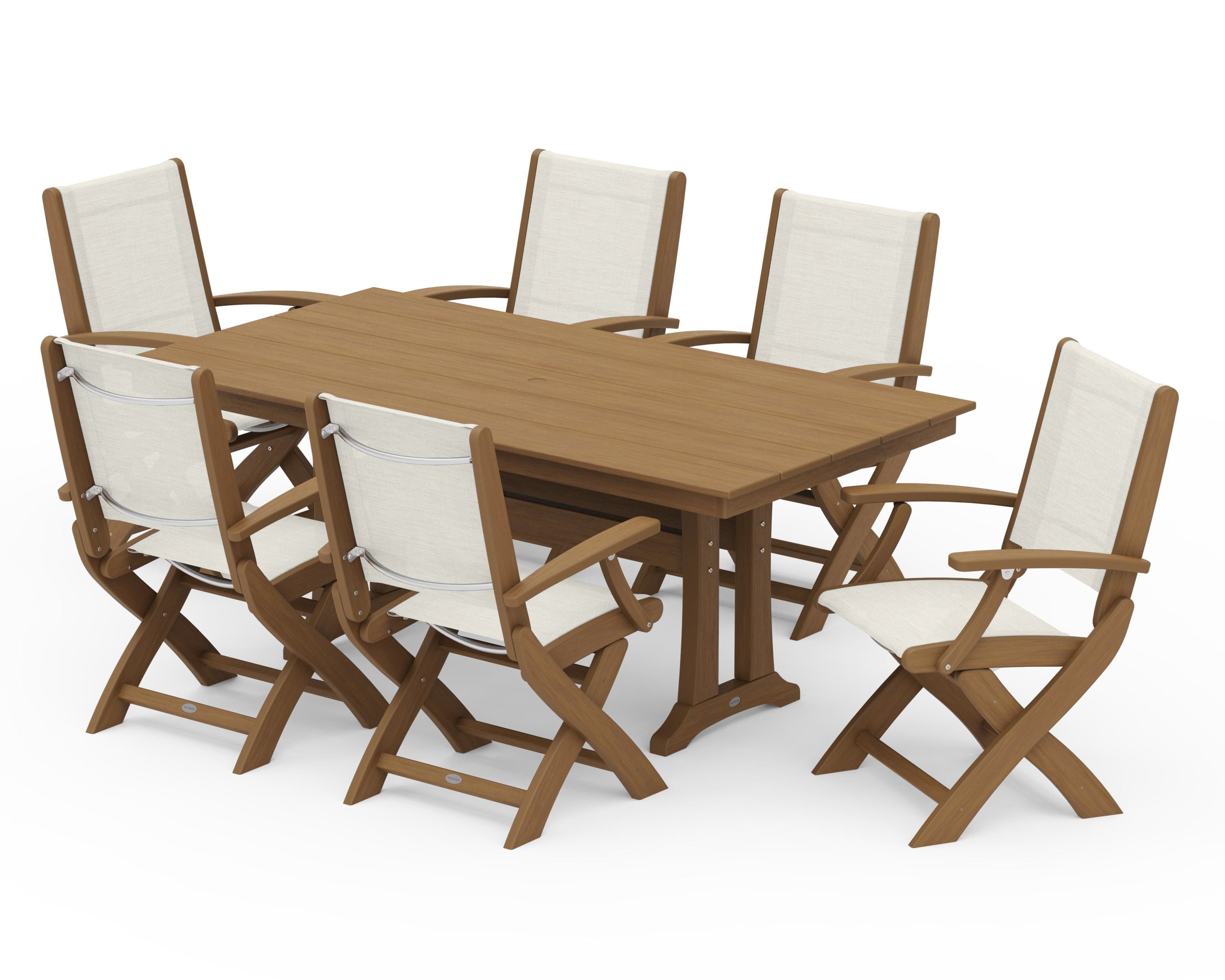 POLYWOOD Coastal Folding Arm Chair 7-Piece Farmhouse Dining Set with Trestle Legs in Natural / Parchment Sling
