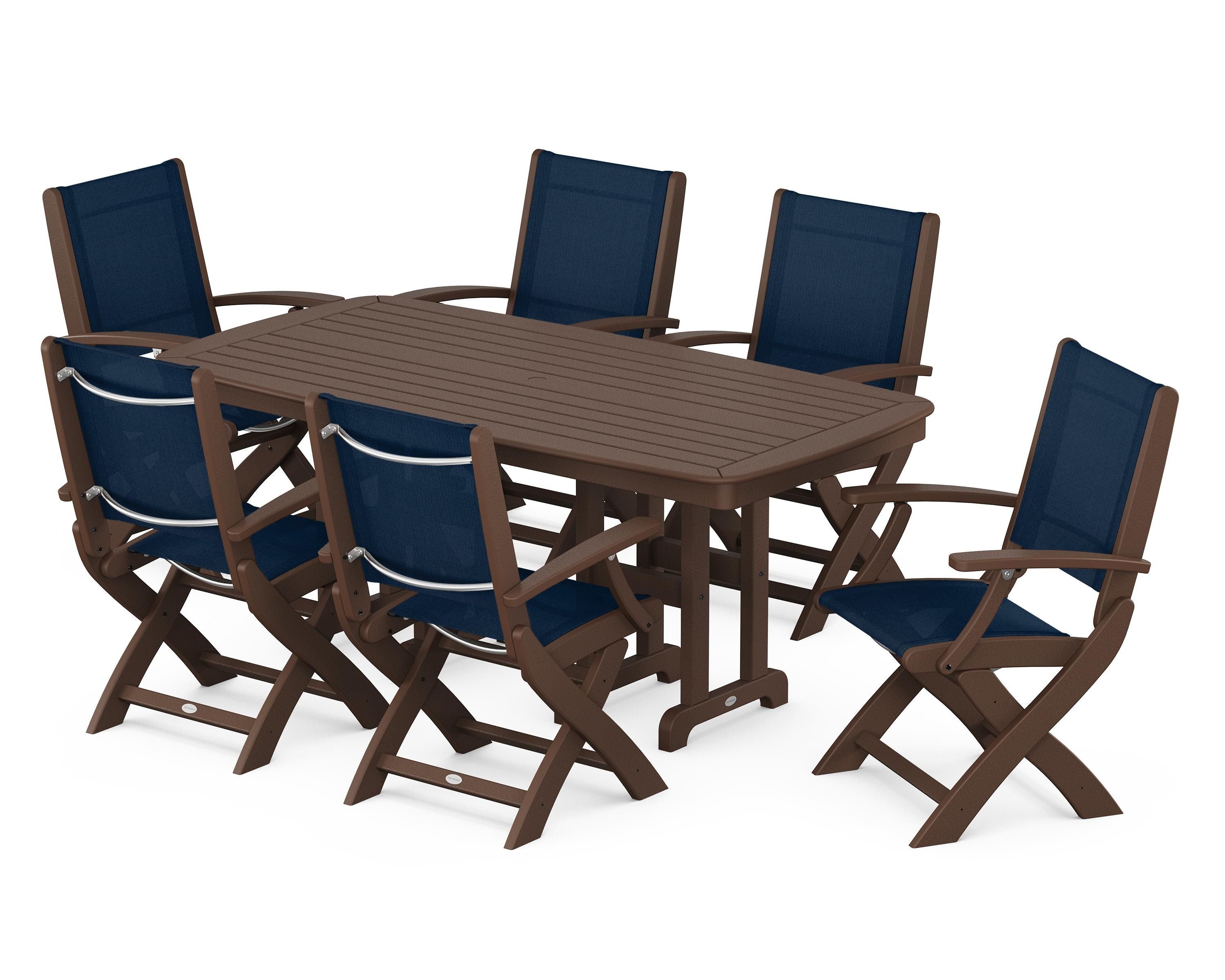 POLYWOOD Coastal Folding Arm Chair 7-Piece Dining Set in Mahogany / Navy Blue Sling