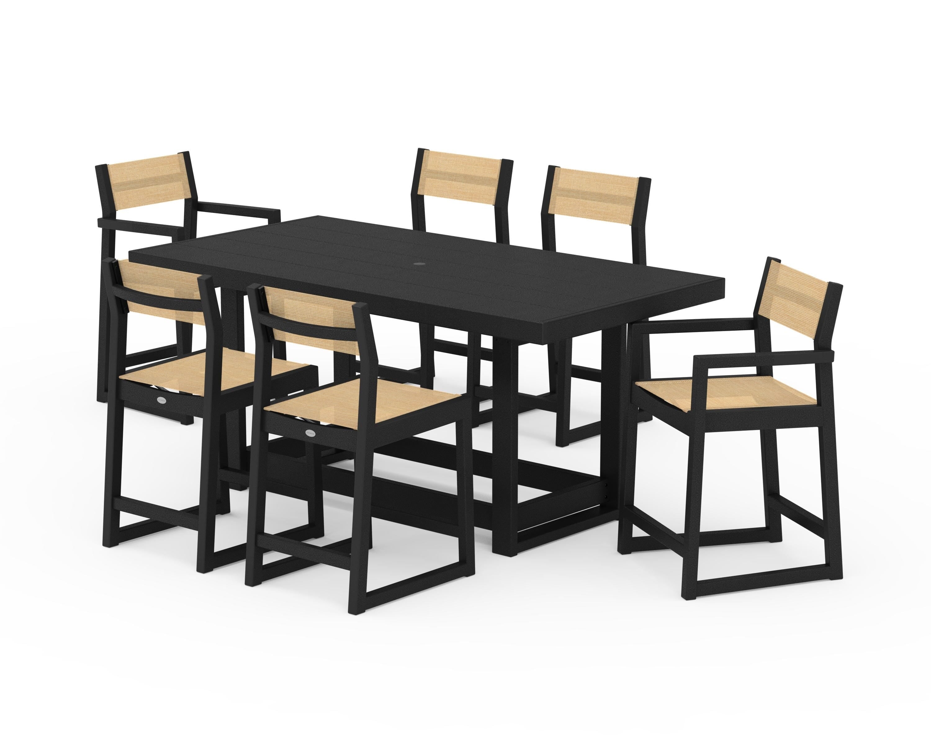 POLYWOOD EDGE Sling 7-Piece Counter Table Set in Black / Dupioni Apricot Sling