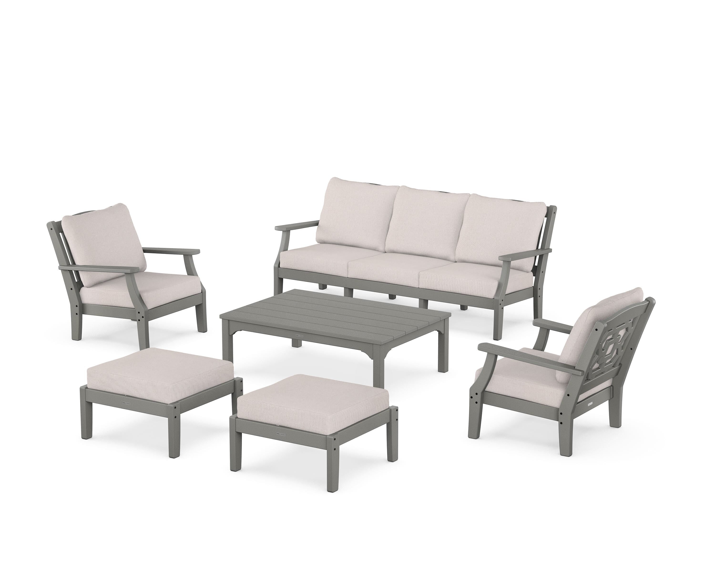 Martha Stewart by POLYWOOD Chinoiserie 6-Piece Lounge Sofa Set in Slate Grey / Dune Burlap