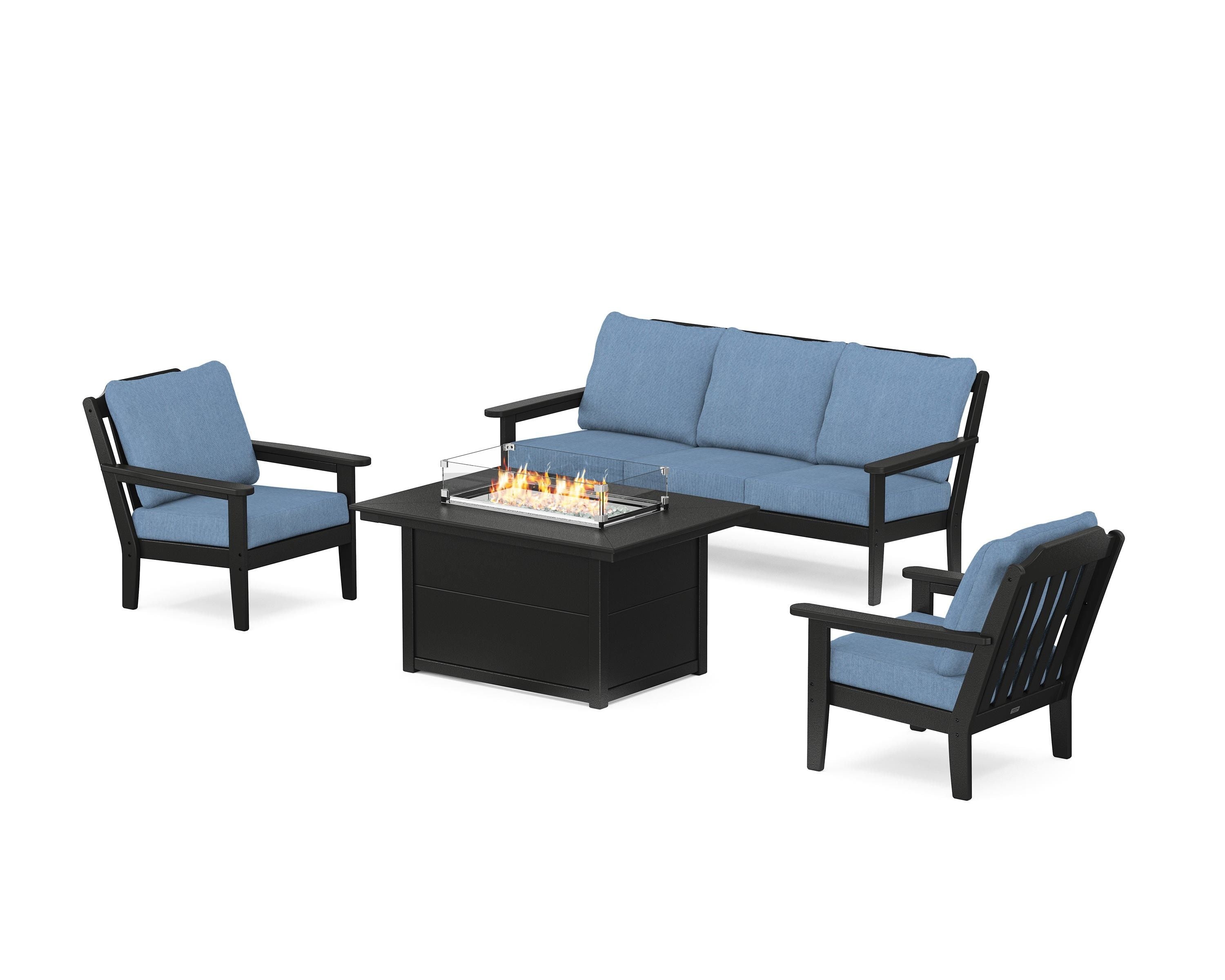 Country Living Cottage Deep Seating Fire Pit Table Set in Black / Sky Blue