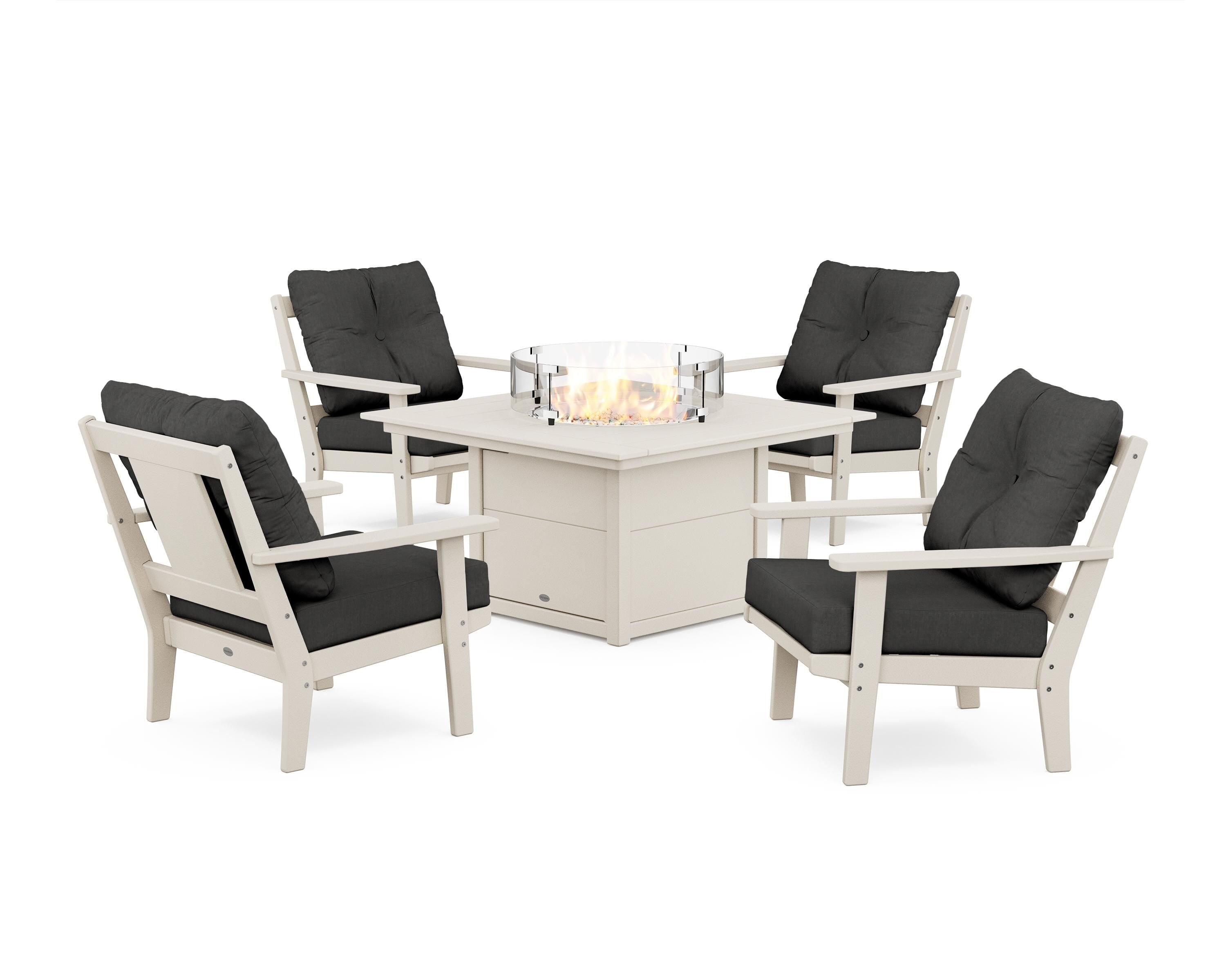 POLYWOOD Prairie 5-Piece Deep Seating Set with Fire Pit Table in Sand / Spectrum Carbon