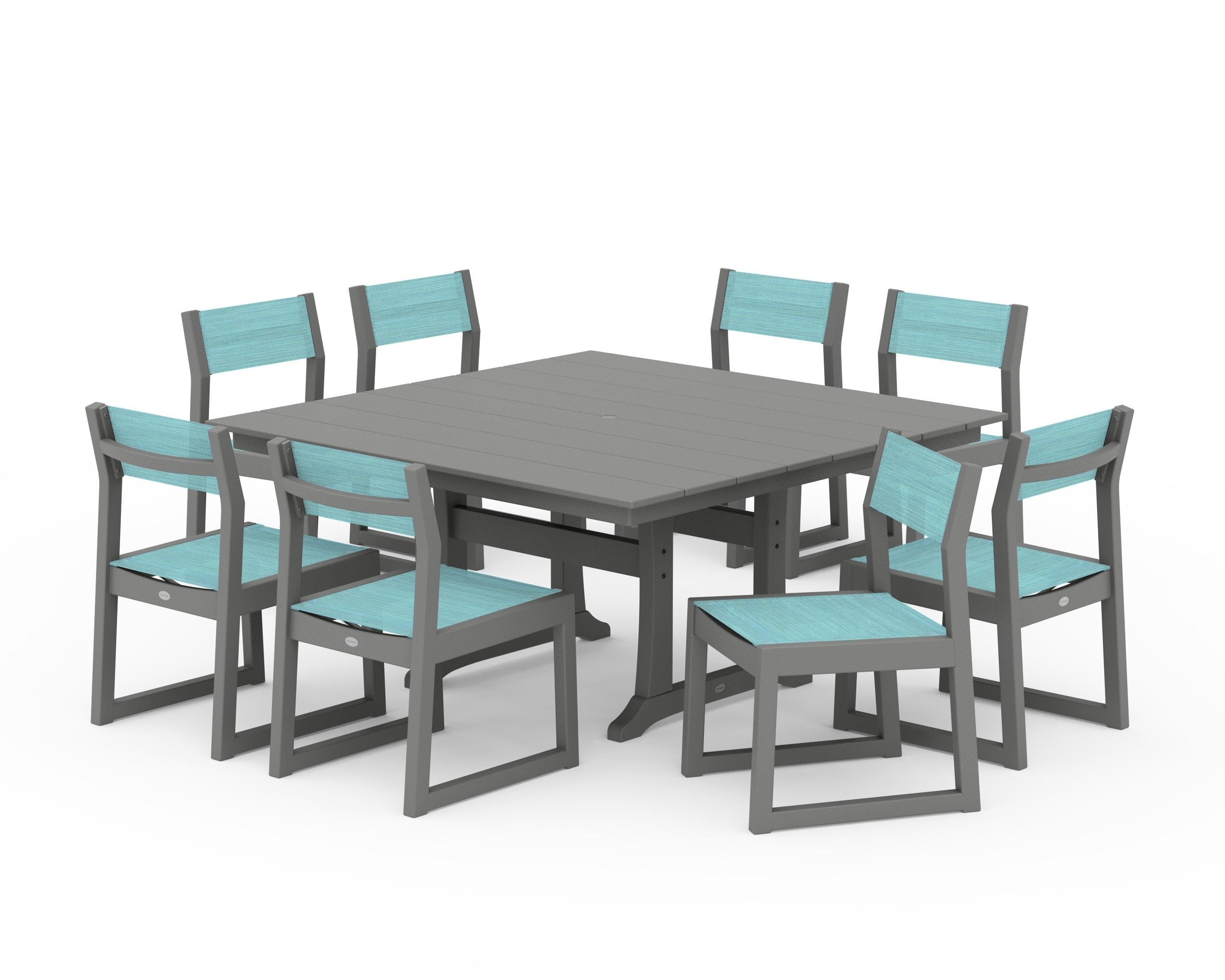 POLYWOOD EDGE Sling Side Chair 9-Piece Farmhouse Trestle Dining Set in Slate Grey / Dupioni Aquamarine Sling