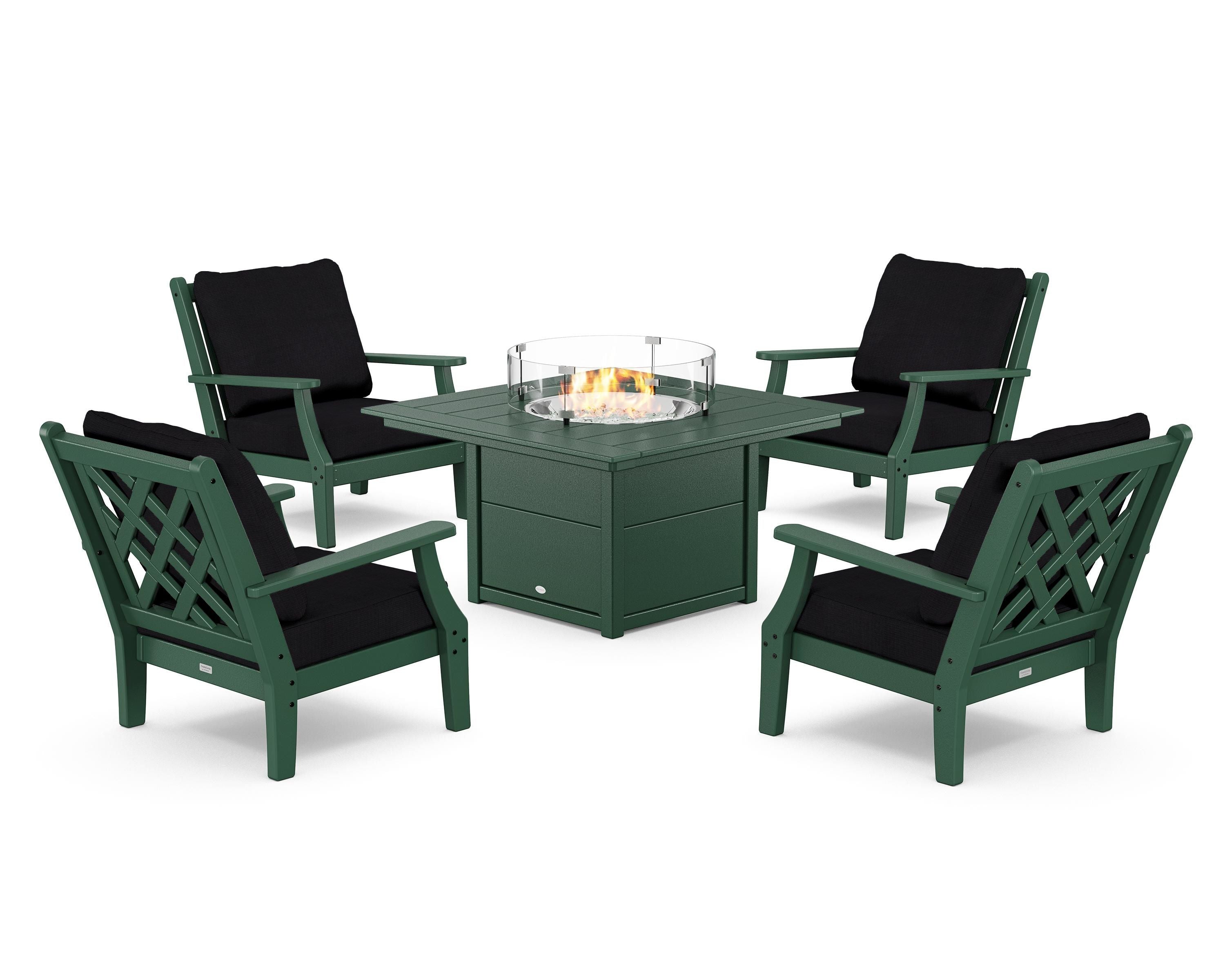 Country Living Wovendale 5-Piece Deep Seating Set with Fire Pit Table in Green / Midnight Linen