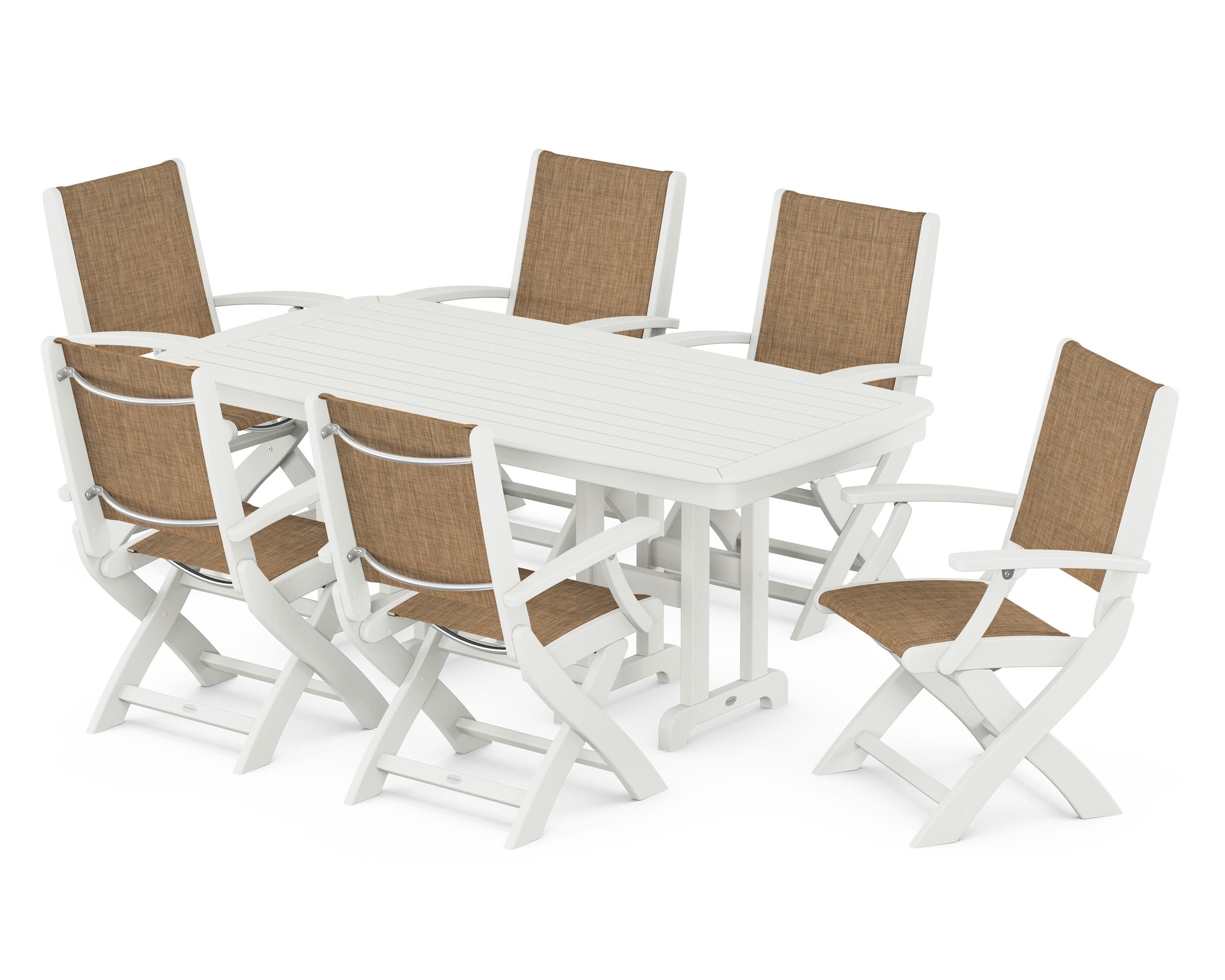 POLYWOOD Coastal Folding Arm Chair 7-Piece Dining Set in Vintage White / Burlap Sling