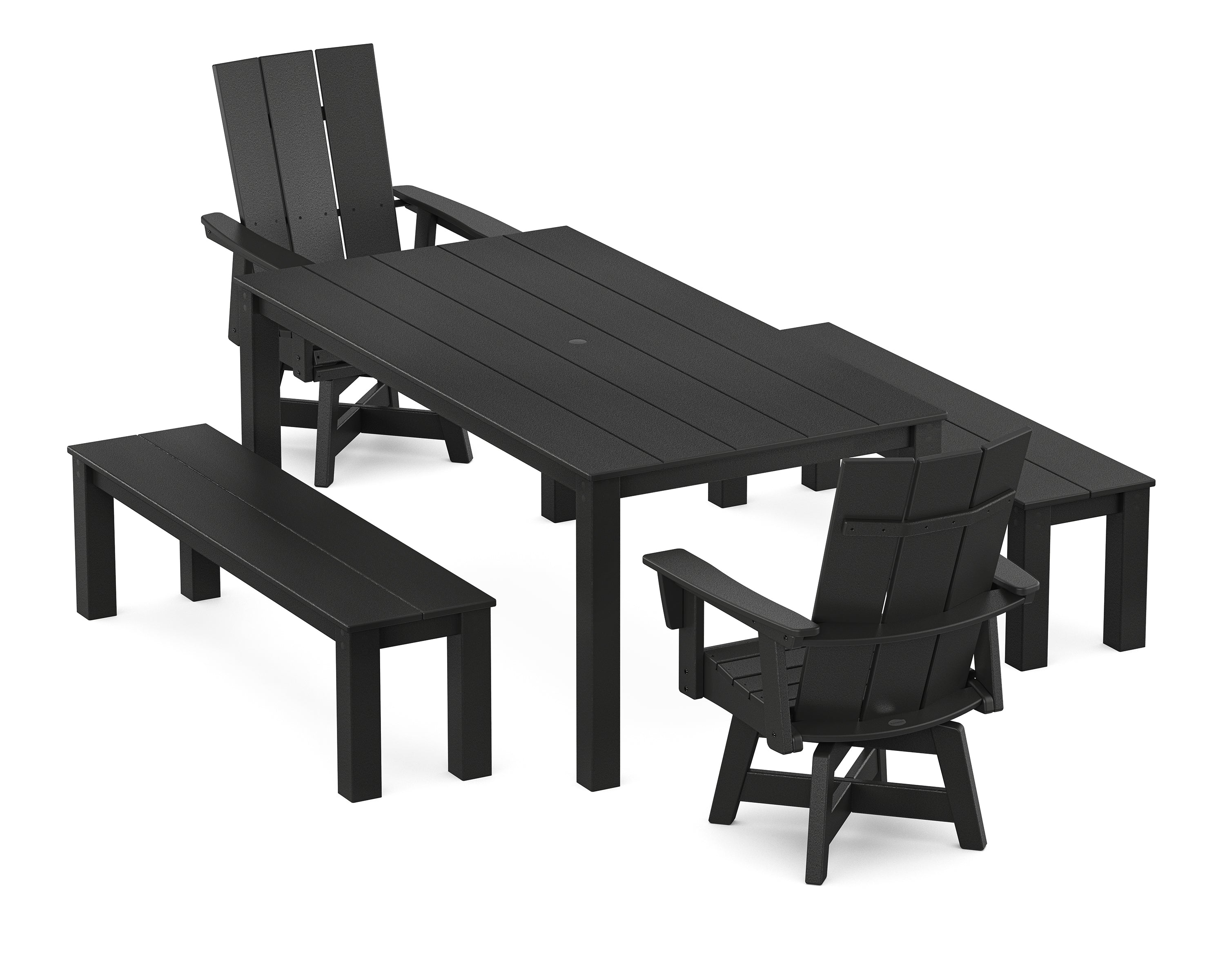 POLYWOOD® Modern Curveback Adirondack 5-Piece Parsons Swivel Dining Set with Benches in Black