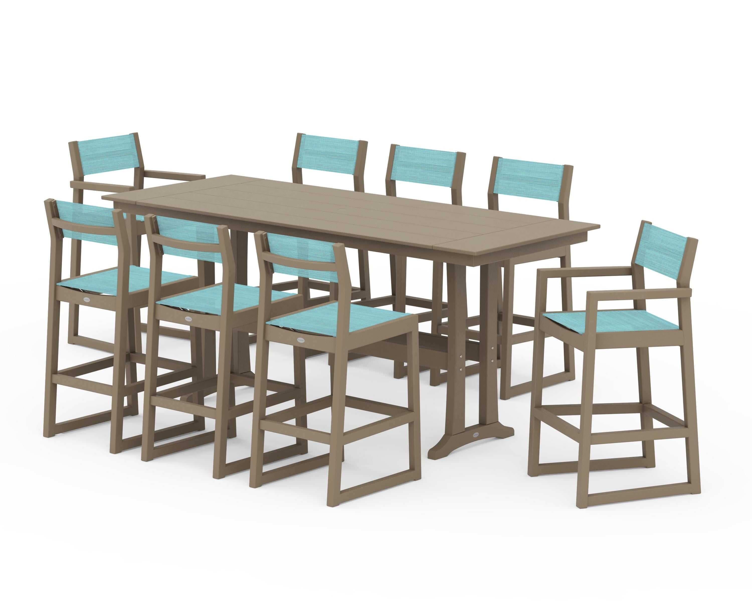 POLYWOOD EDGE Sling 9-Piece Farmhouse Bar Set with Trestle Legs in Vintage Sahara / Dupioni Aquamarine Sling