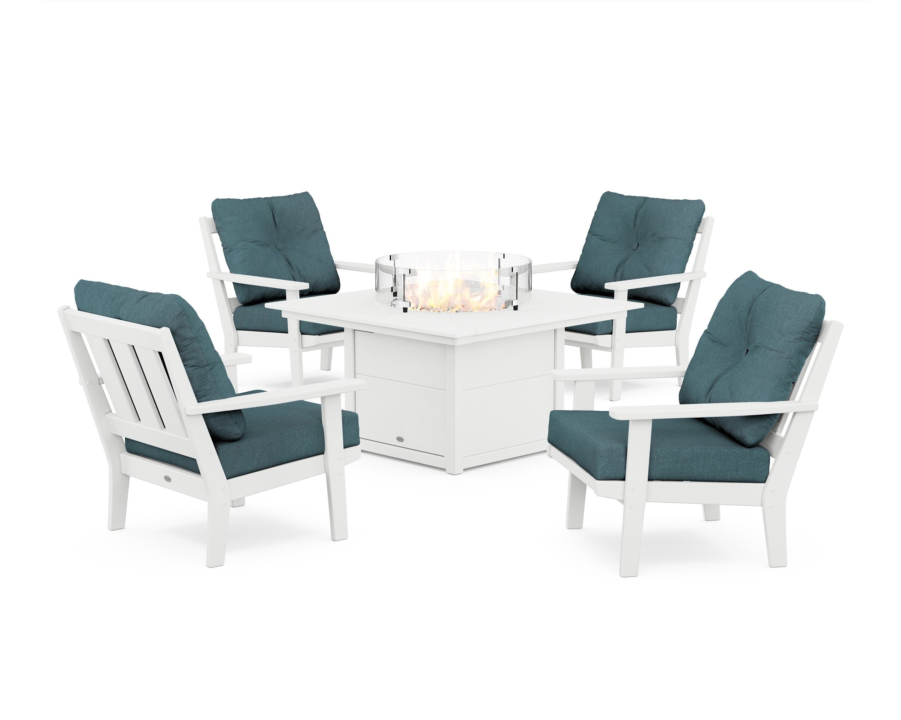 POLYWOOD Oxford 5-Piece Deep Seating Set with Fire Pit Table in White / Ocean Teal