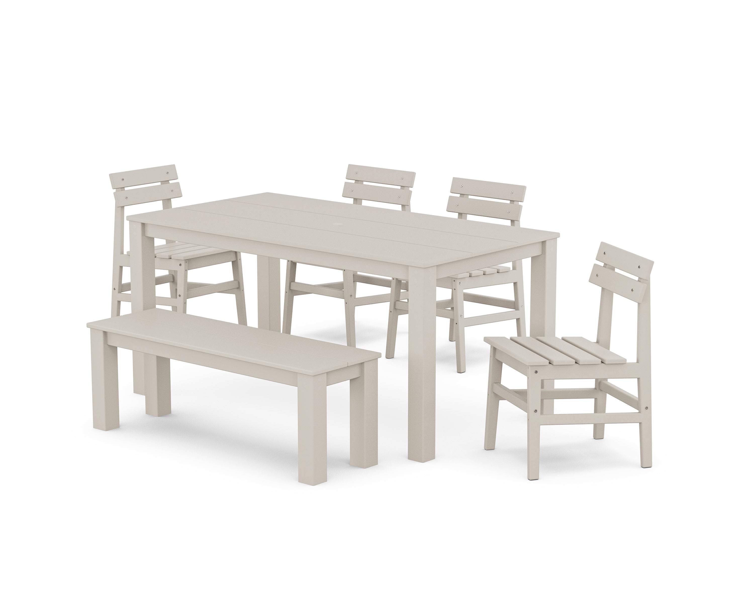 POLYWOOD® Modern Studio Plaza Chair 6-Piece Parsons Dining Set with Bench in Sand