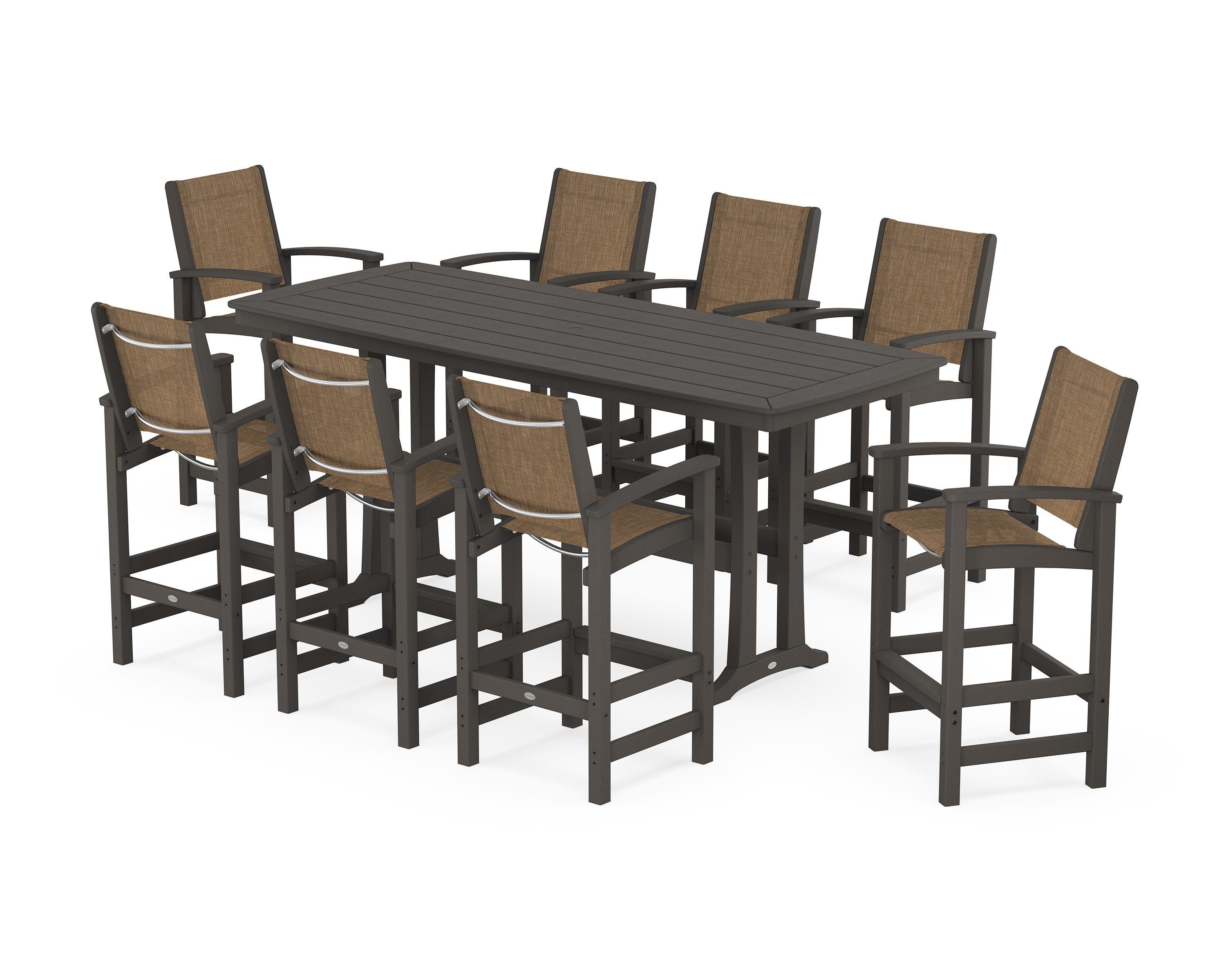 POLYWOOD Coastal 9-Piece Bar Set with Trestle Legs in Vintage Coffee / Burlap Sling