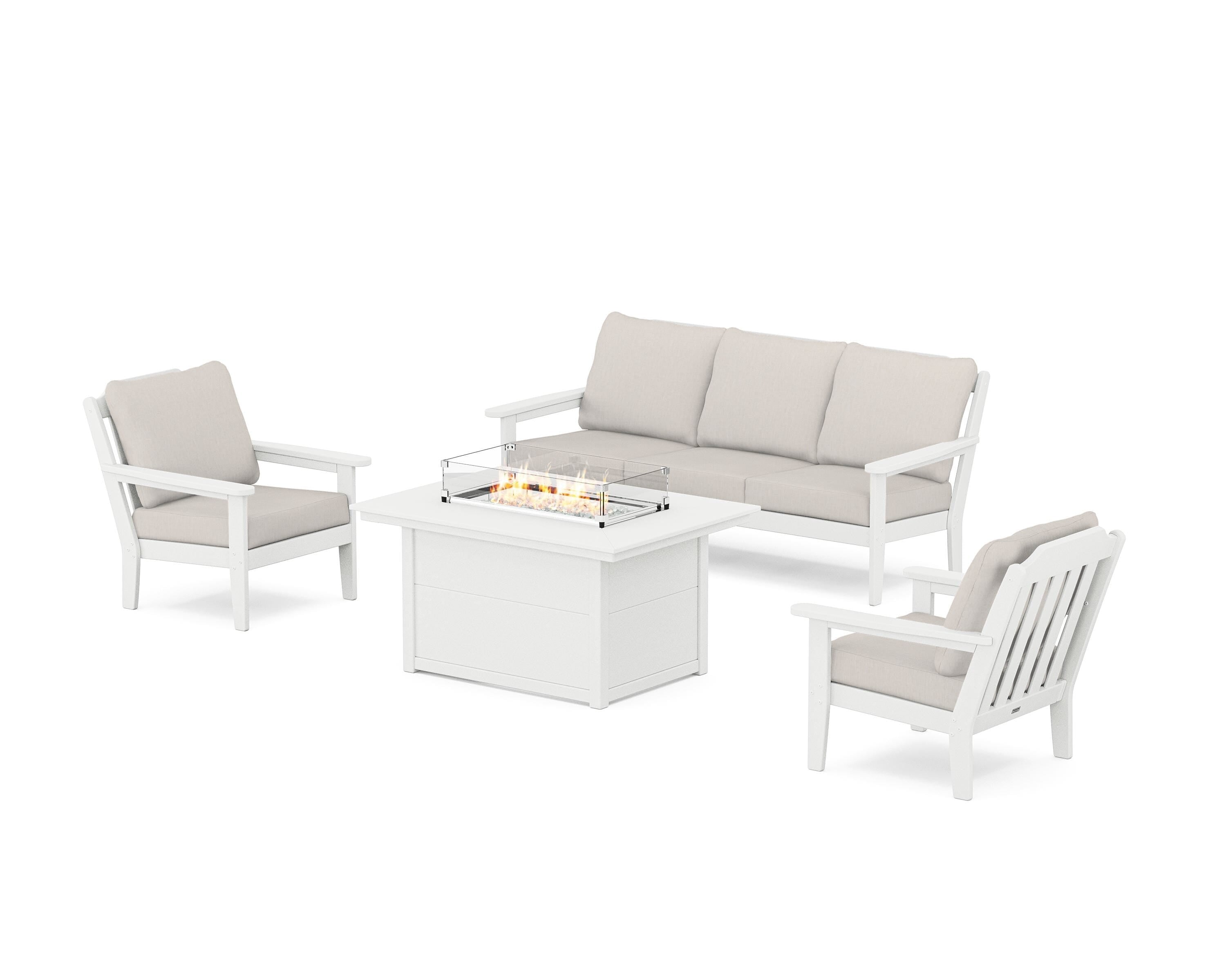 Country Living Cottage Deep Seating Fire Pit Table Set in White / Cast Ash