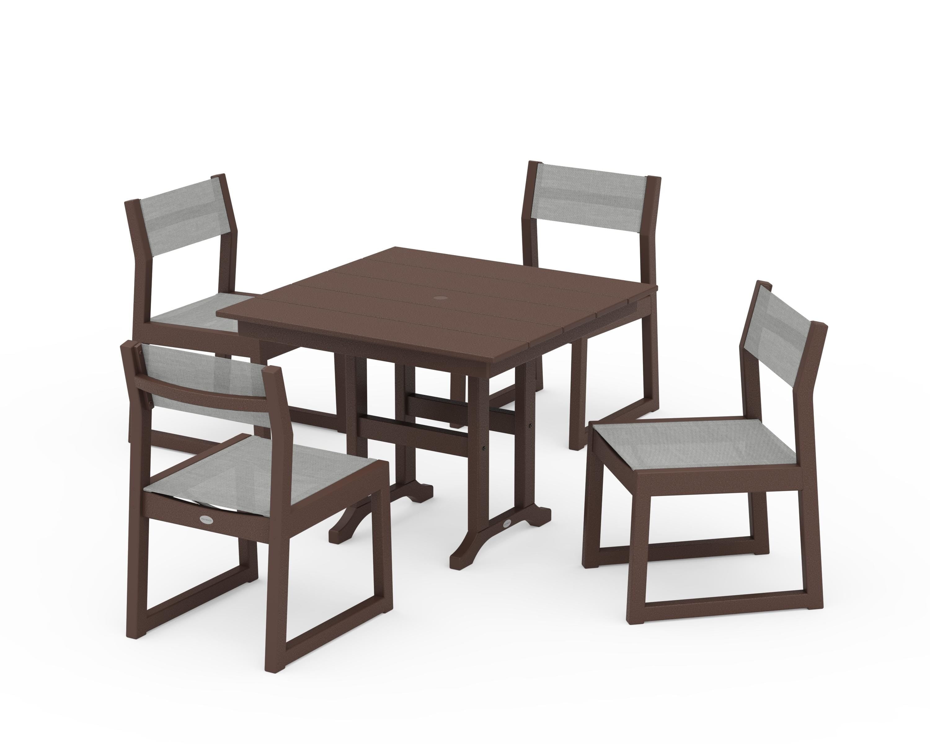 POLYWOOD EDGE Sling Side Chair 5-Piece Farmhouse Dining Set in Mahogany / Metallic Sling