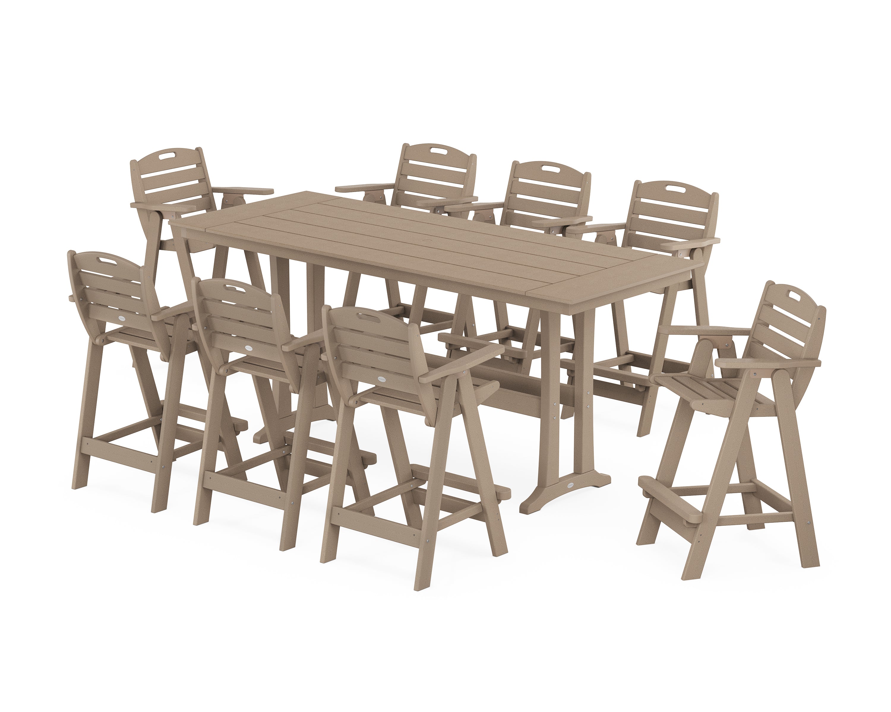 POLYWOOD® Nautical 9-Piece Farmhouse Bar Set with Trestle Legs in Vintage Sahara