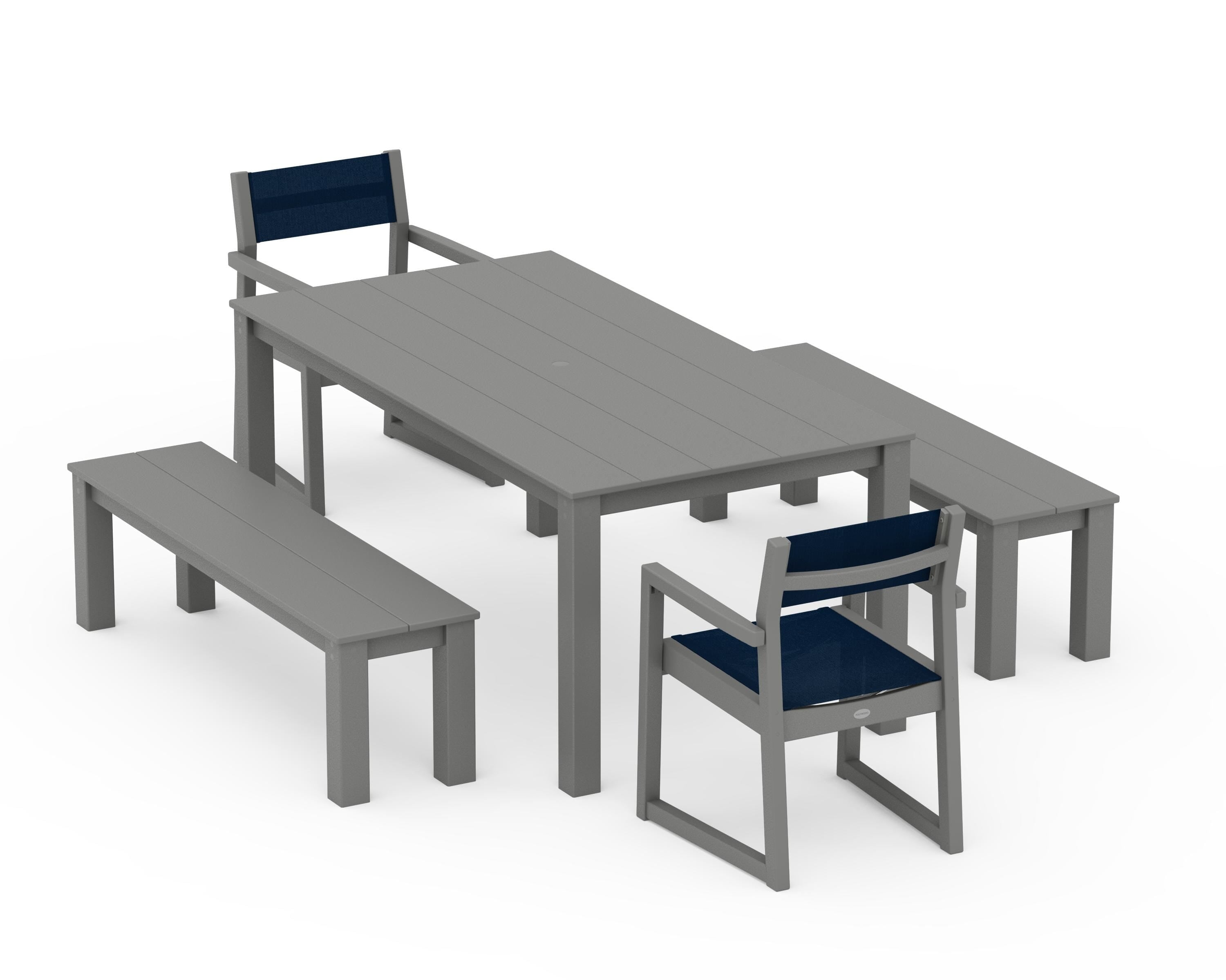 POLYWOOD EDGE Sling Arm Chair 5-Piece Parsons Dining Set with Benches in Slate Grey / Navy Blue Sling
