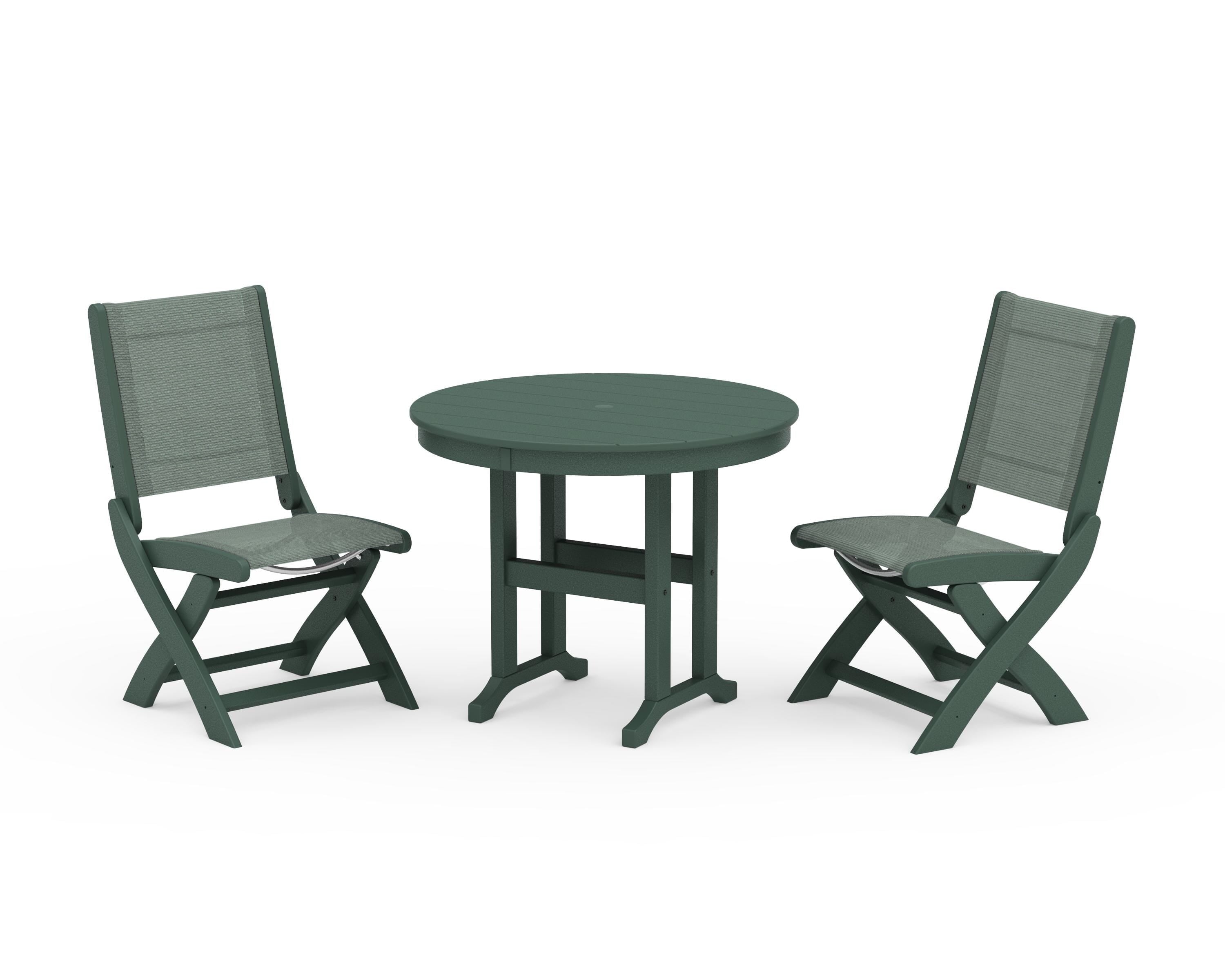 POLYWOOD Coastal Folding Side Chair 3-Piece Round Dining Set in Green / Dupioni Sea Mist Sling
