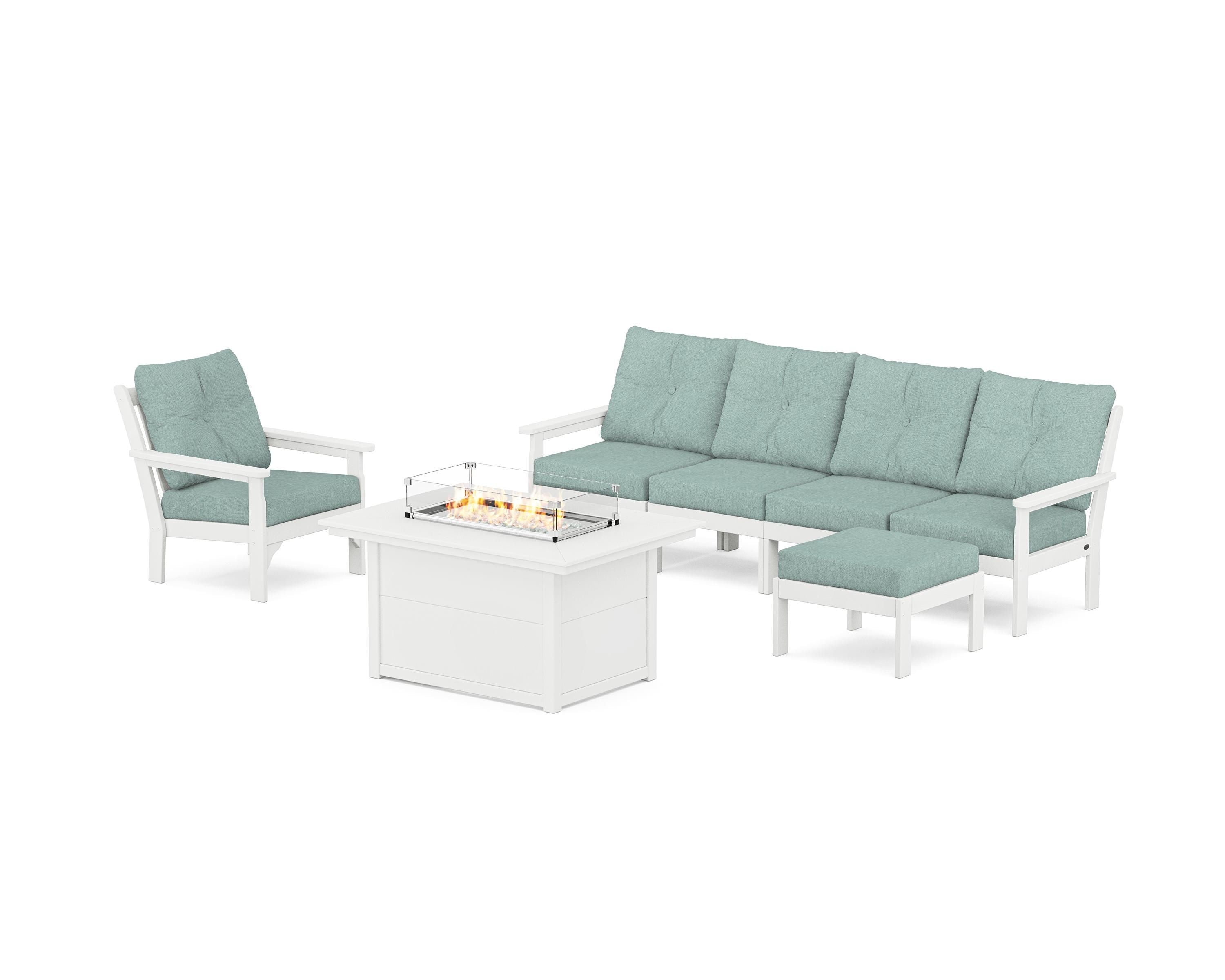 POLYWOOD Vineyard Sectional Lounge and Fire Pit Set in White / Glacier Spa