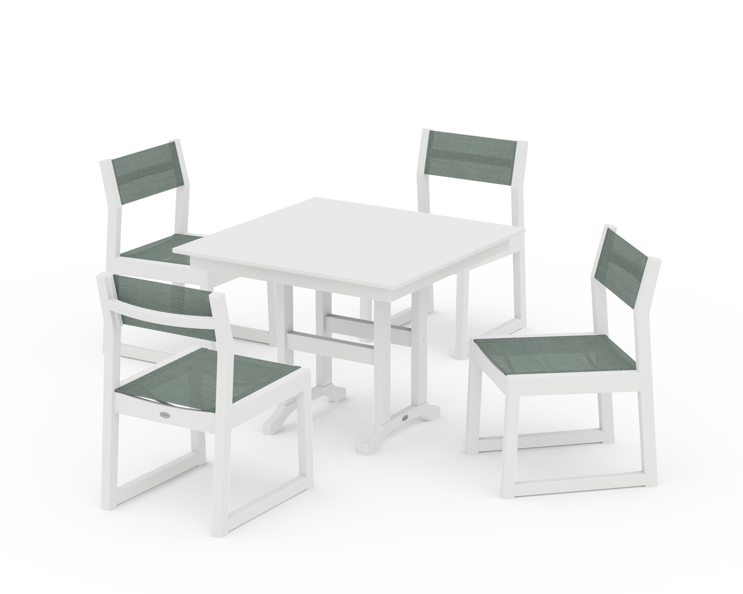 POLYWOOD EDGE Sling Side Chair 5-Piece Farmhouse Dining Set in White / Dupioni Sea Mist Sling