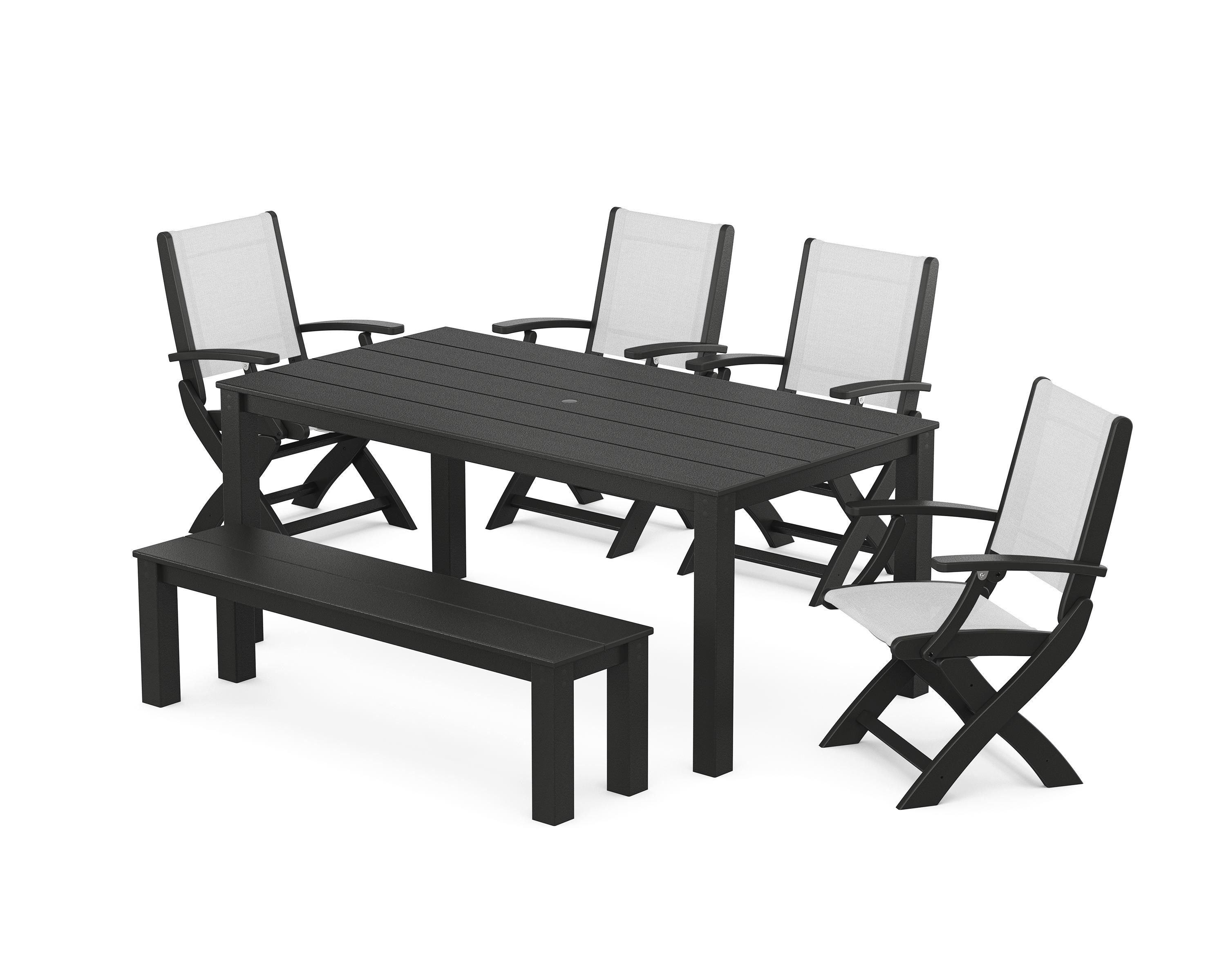 POLYWOOD Coastal Folding Chair 6-Piece Parsons Dining Set with Bench in Black / White Sling