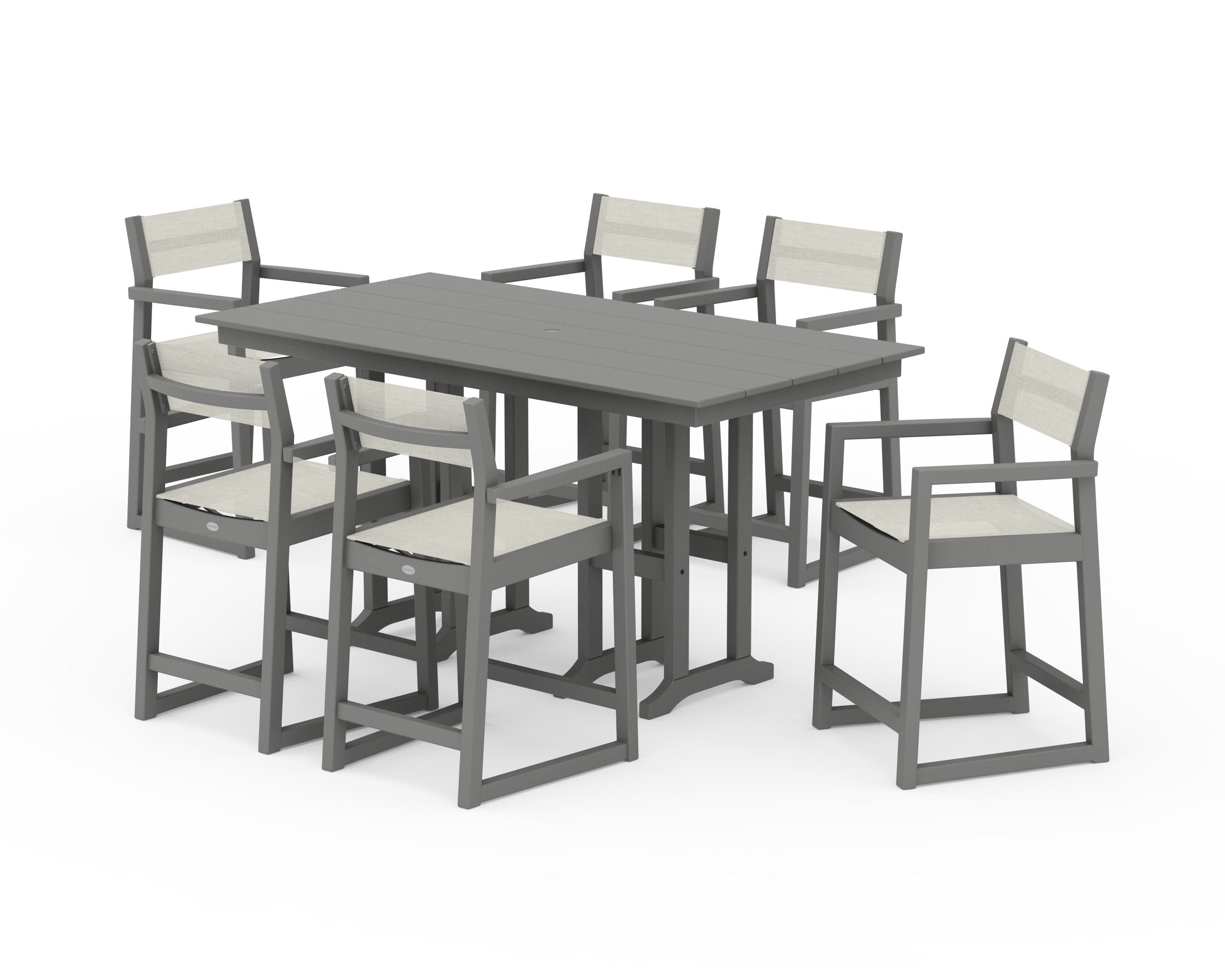 POLYWOOD EDGE Sling Arm Chair 7-Piece Farmhouse Counter Set in Slate Grey / Parchment Sling