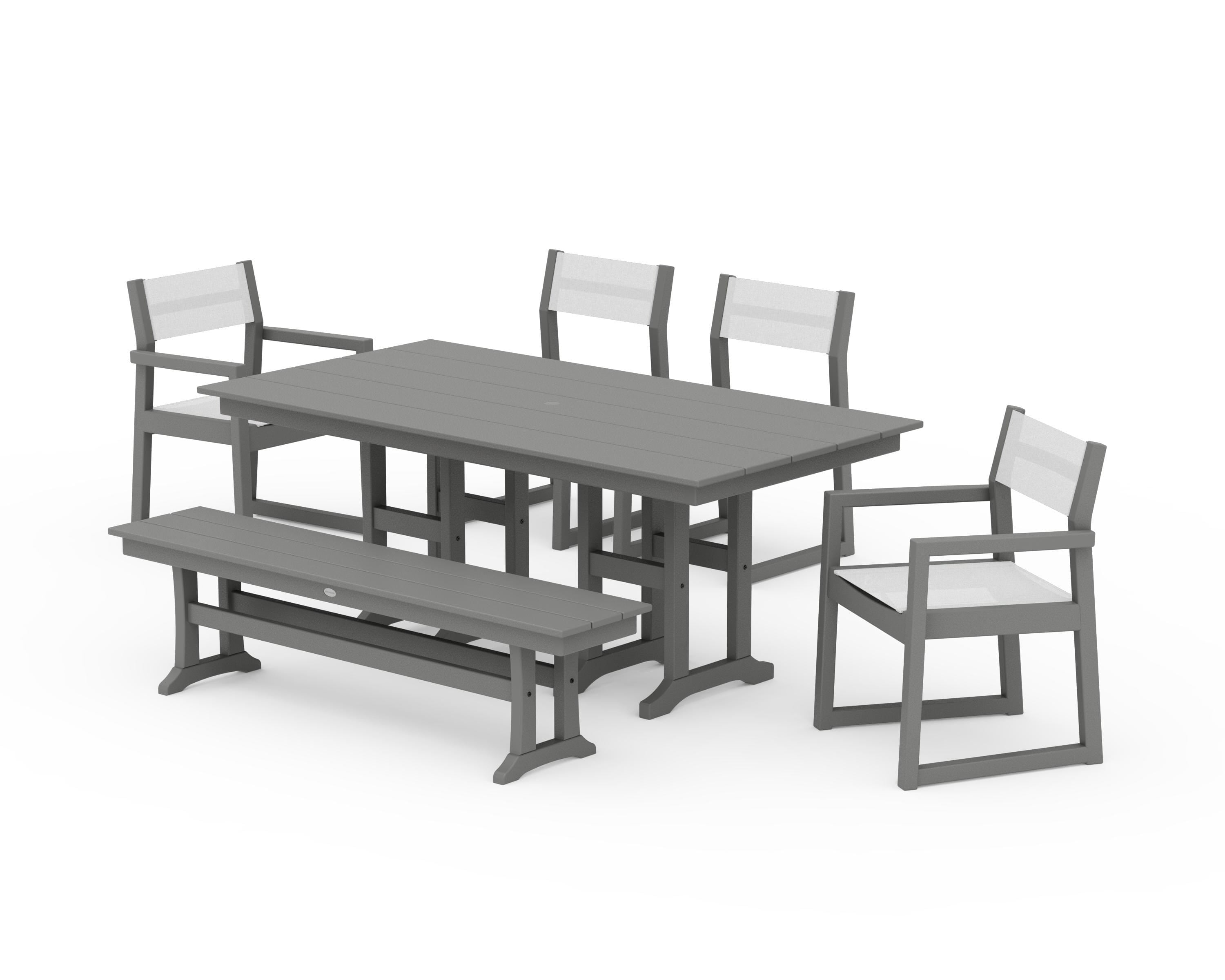 POLYWOOD EDGE Sling 6-Piece Farmhouse Dining Set in Slate Grey / White Sling