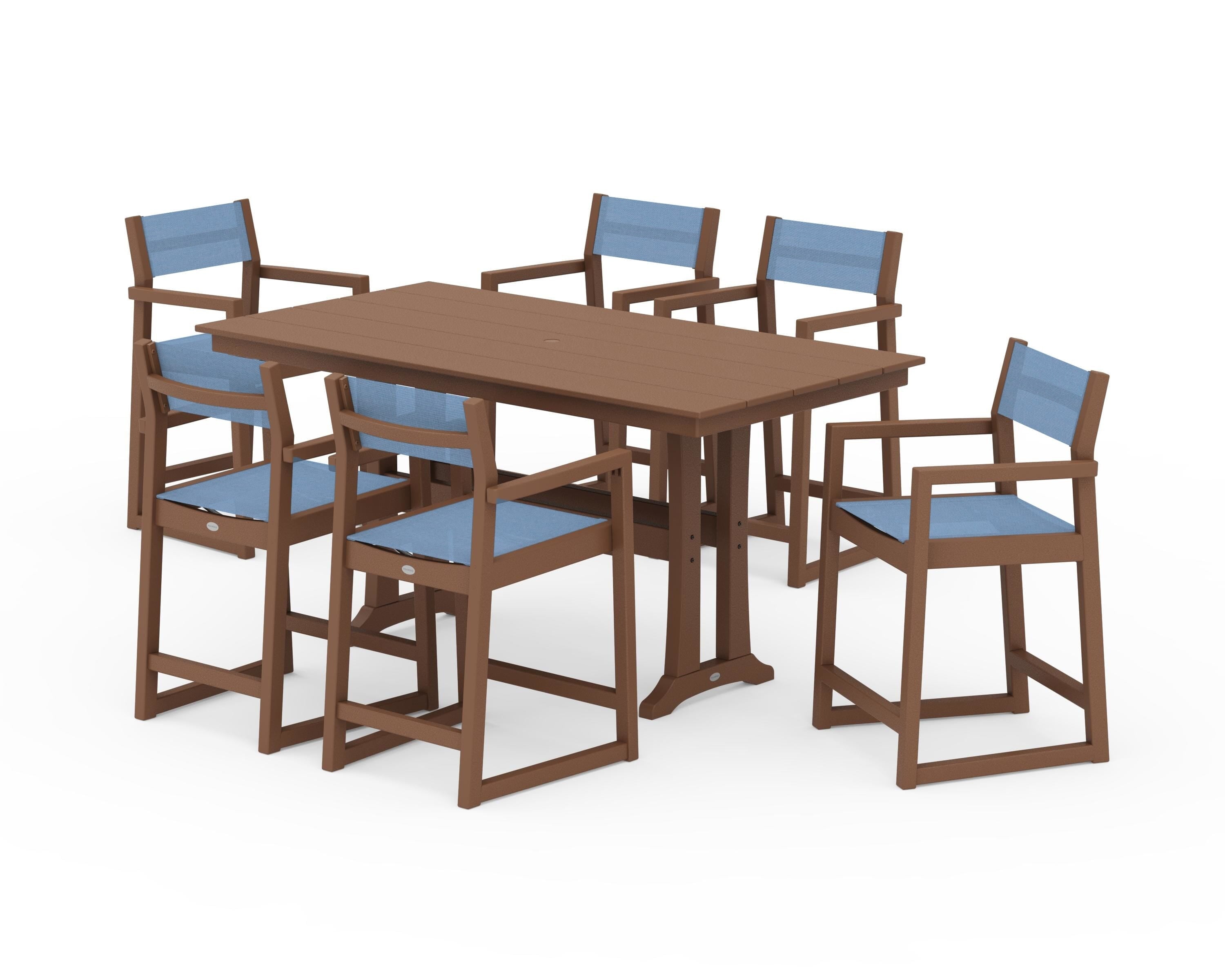 POLYWOOD EDGE Sling Arm Chair 7-Piece Farmhouse Counter Set with Trestle Legs in Teak / Poolside Sling