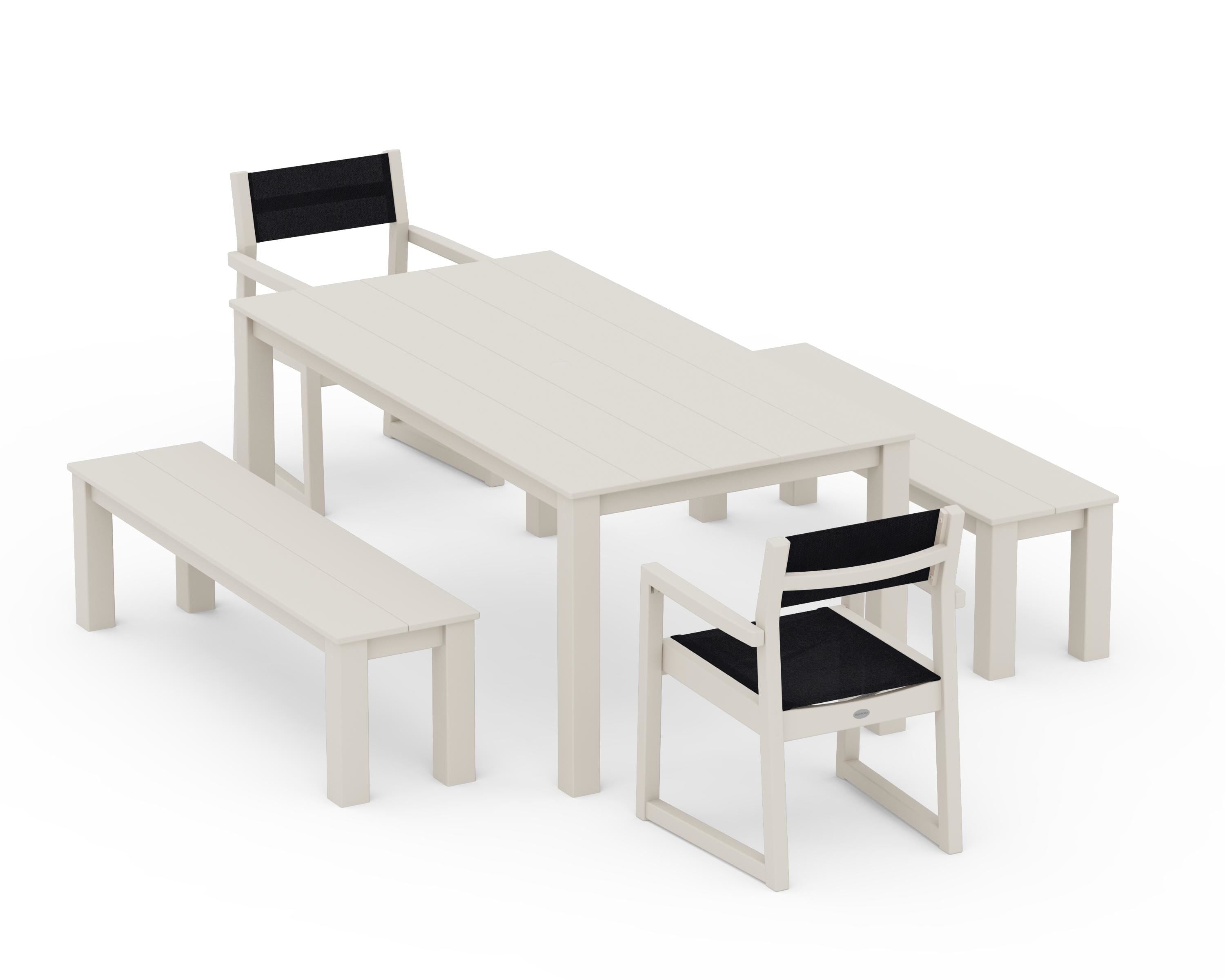 POLYWOOD EDGE Sling Arm Chair 5-Piece Parsons Dining Set with Benches in Sand / Black Sling