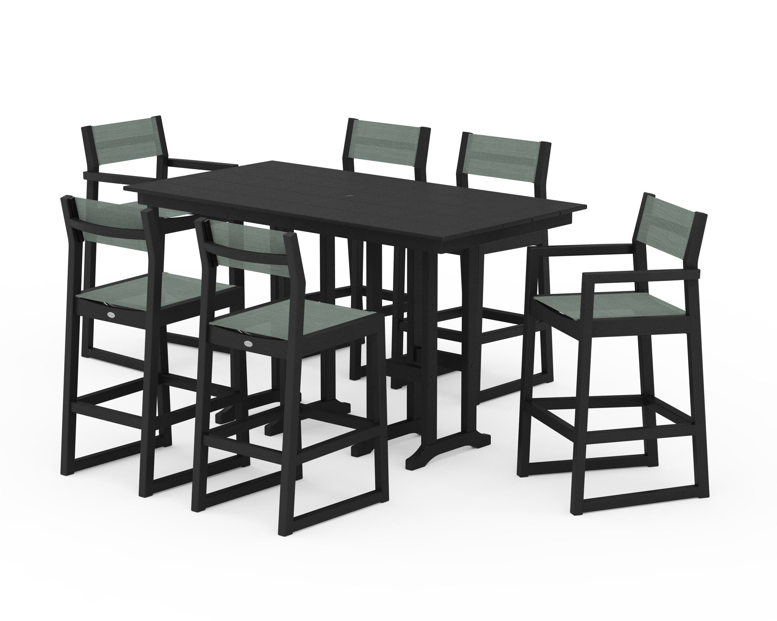 POLYWOOD EDGE Sling 7-Piece Farmhouse Bar Set in Black / Dupioni Sea Mist Sling