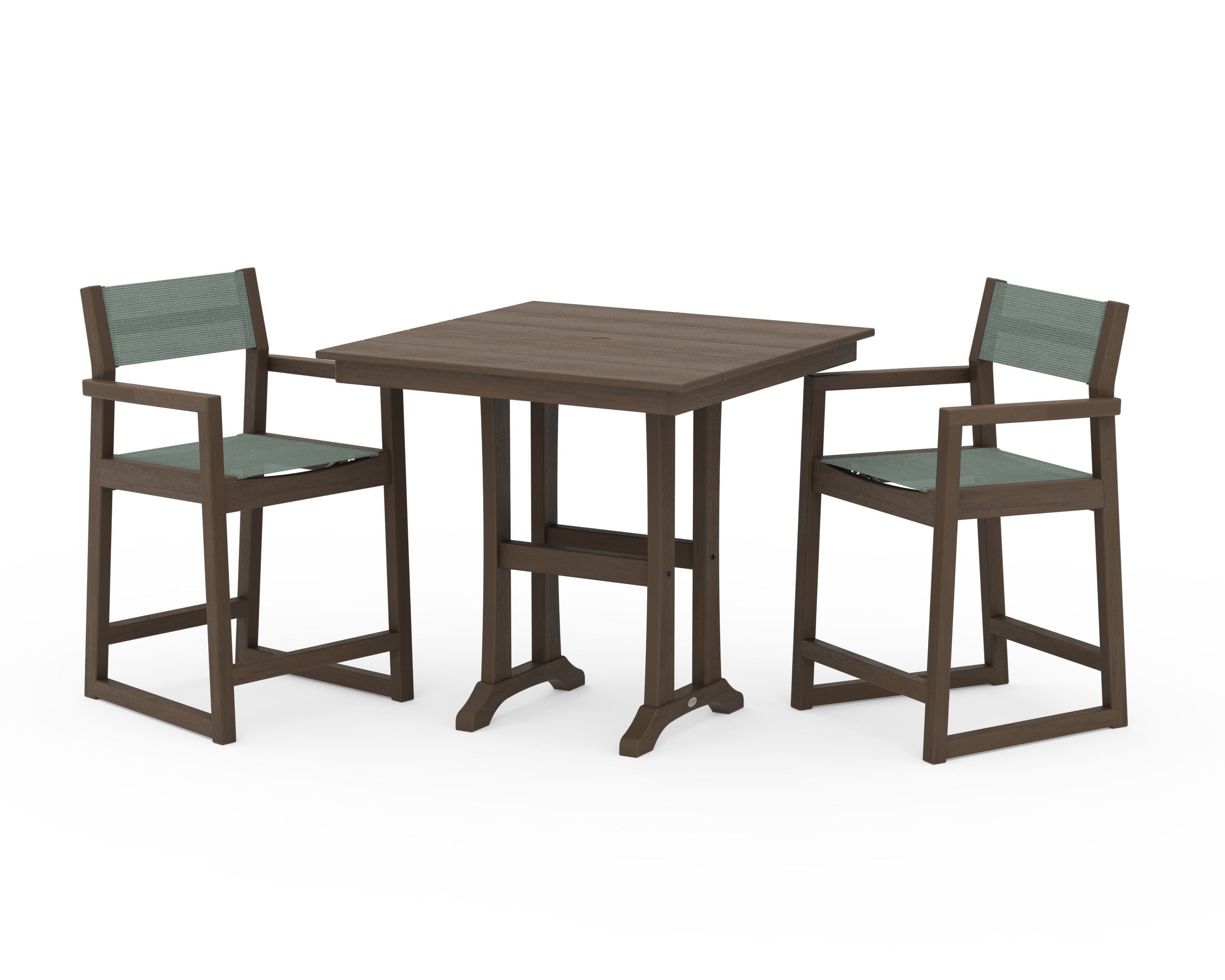 POLYWOOD EDGE Sling Arm Chair 3-Piece Farmhouse Counter Set with Trestle Legs in Kona / Dupioni Sea Mist Sling