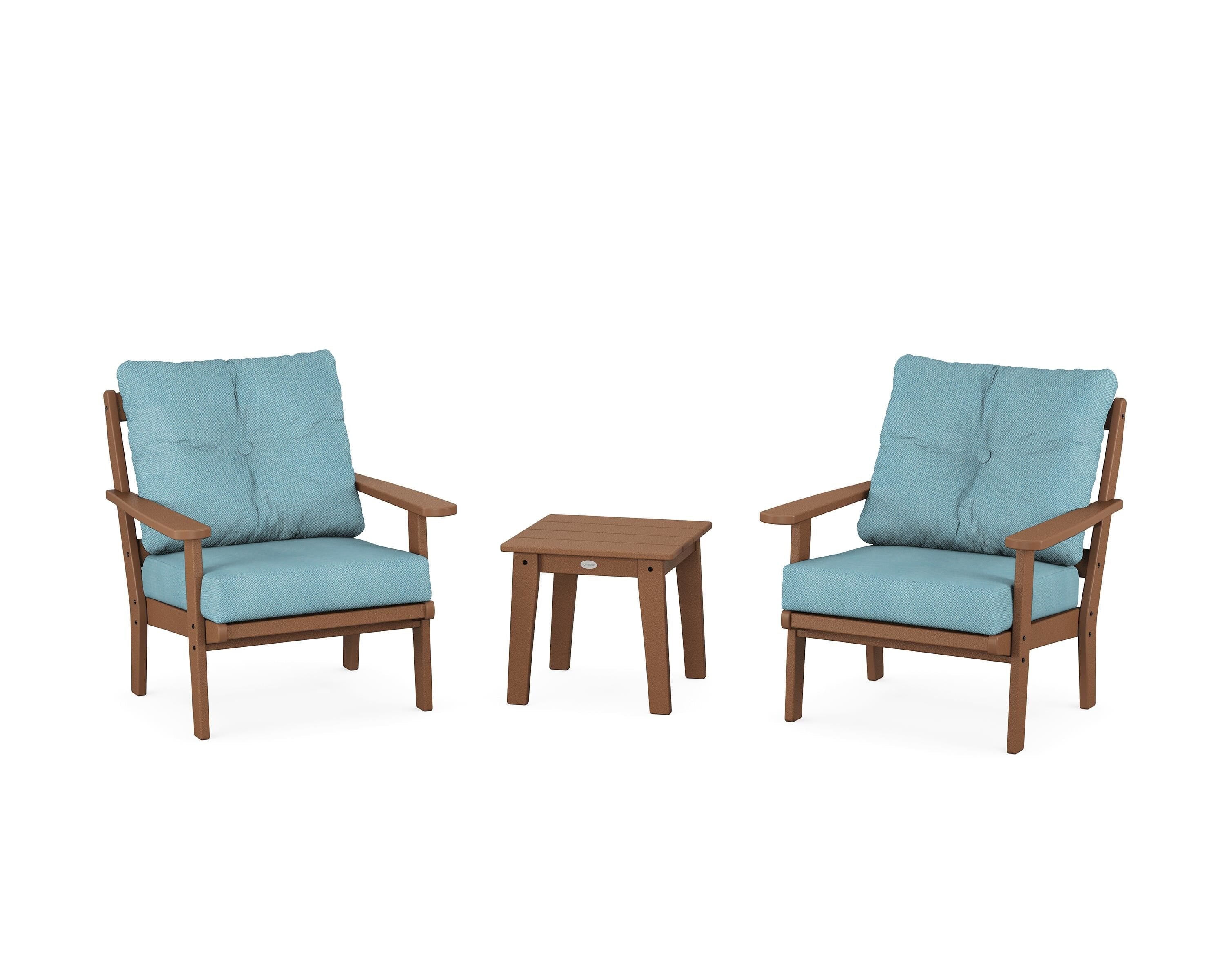 POLYWOOD Mission 3-Piece Deep Seating Set in Teak / Lattice Sky Blue
