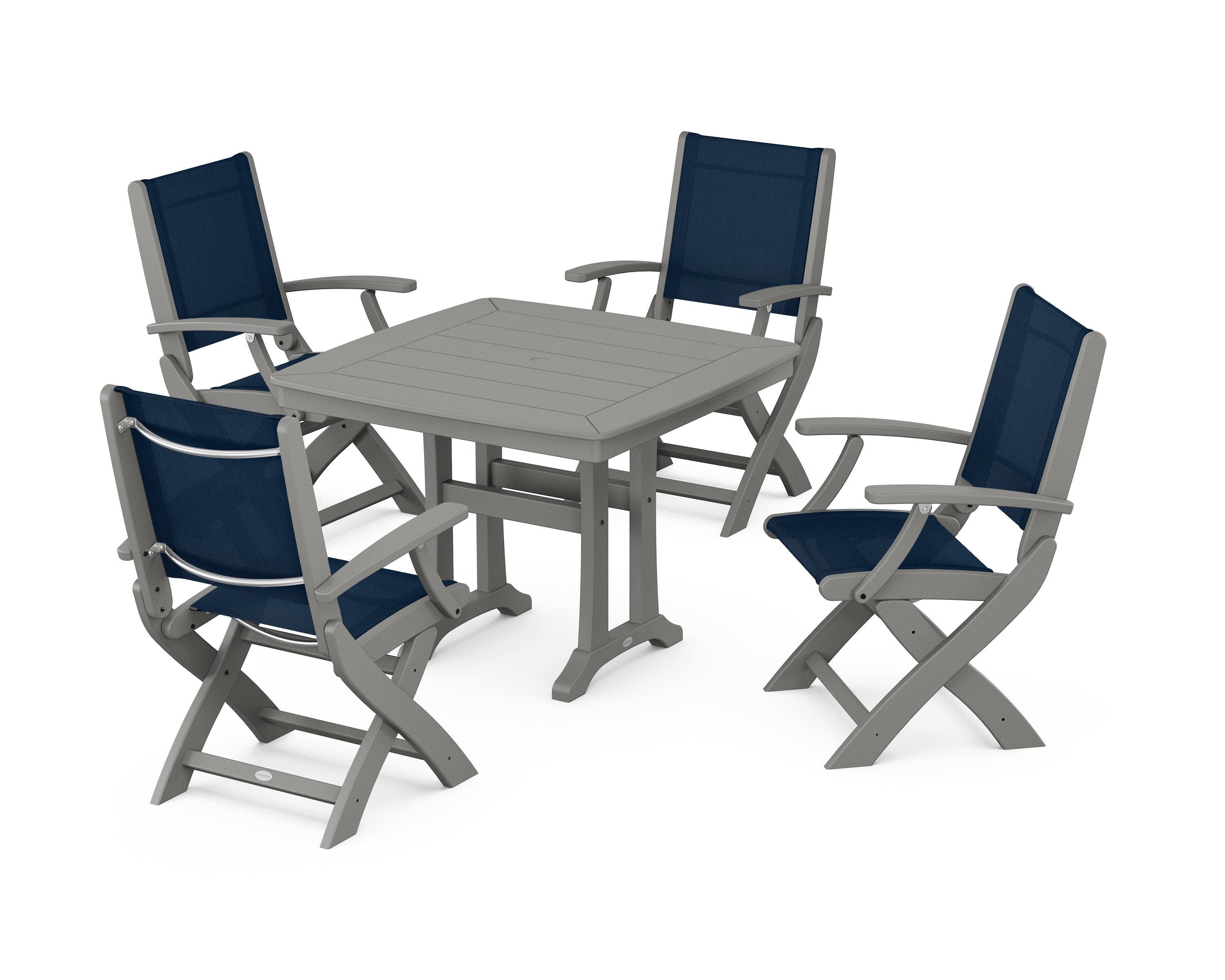 POLYWOOD Coastal Folding Chair 5-Piece Dining Set with Trestle Legs in Slate Grey / Navy Blue Sling