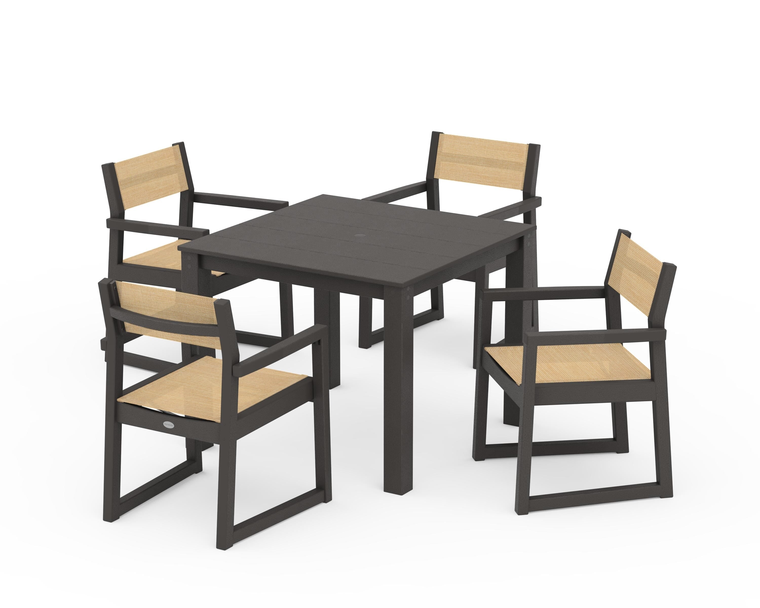 POLYWOOD EDGE Sling Arm Chair 5-Piece Parsons Dining Set in Vintage Coffee / Dupioni Apricot Sling