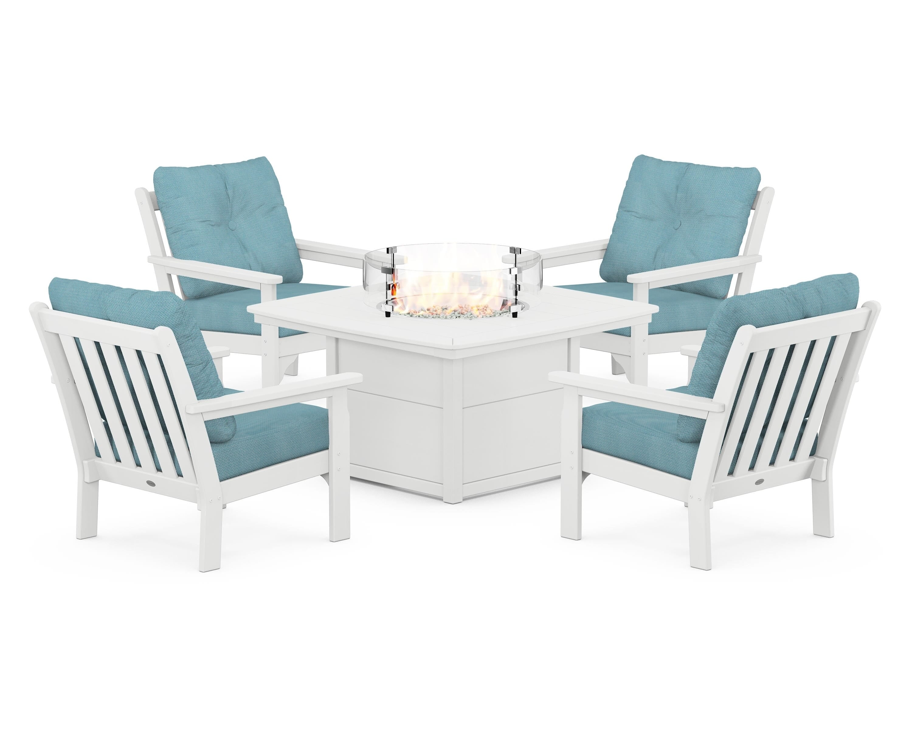 POLYWOOD Vineyard 5-Piece Conversation Set with Fire Pit Table in White / Lattice Sky Blue