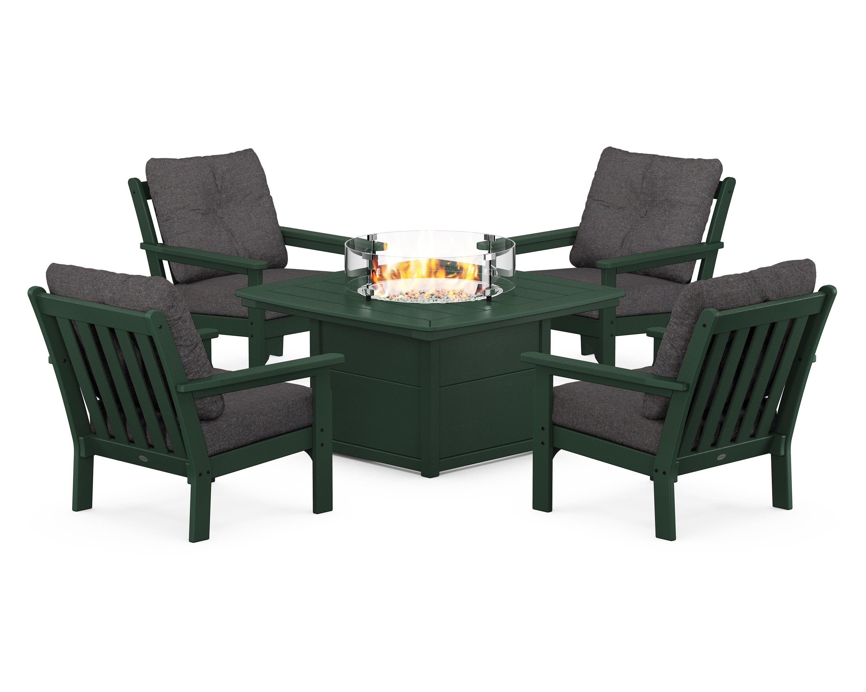 POLYWOOD Vineyard 5-Piece Conversation Set with Fire Pit Table in Green / Ash Charcoal