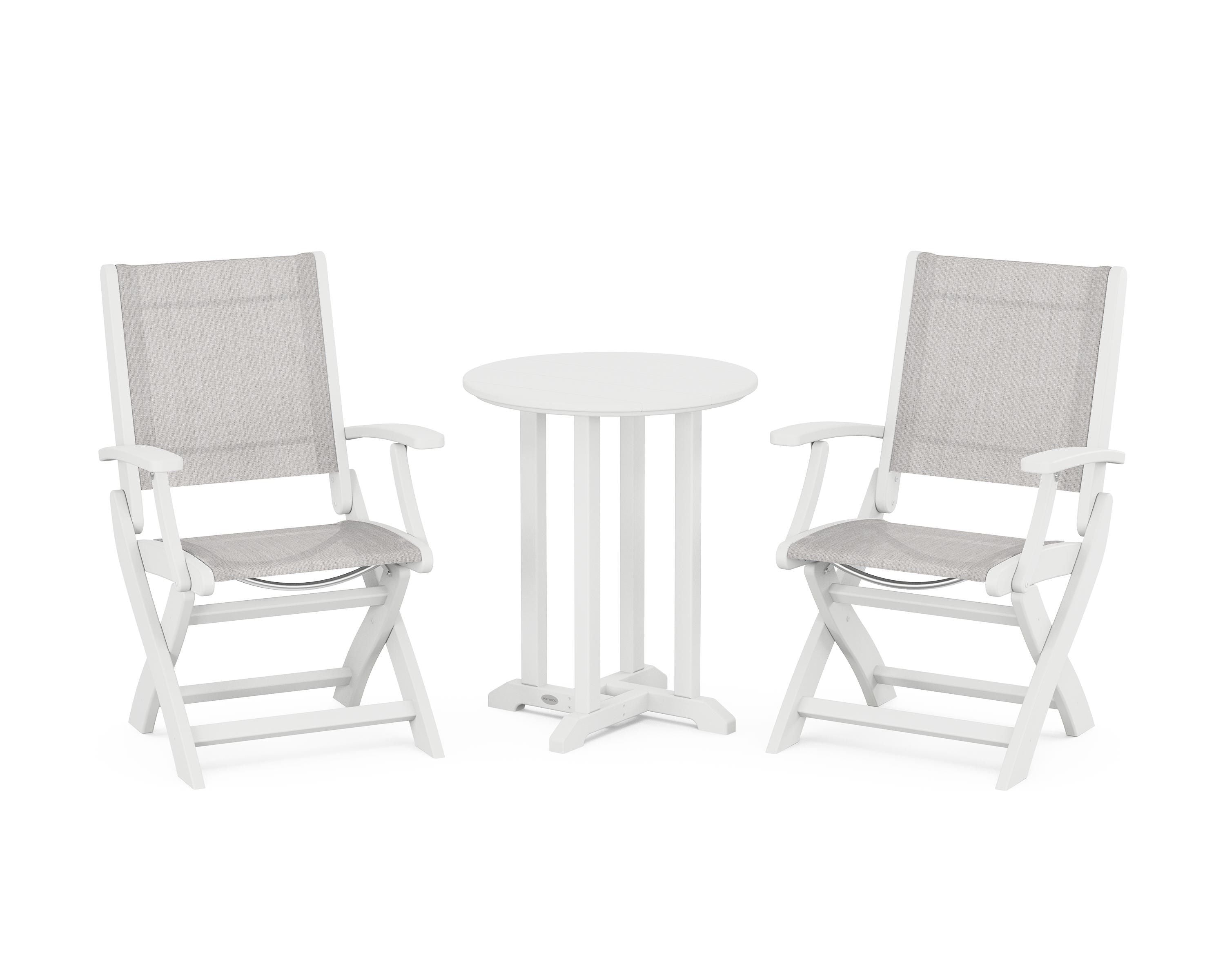 POLYWOOD Coastal Folding 3-Piece Round Bistro Dining Set in White / Parchment Sling