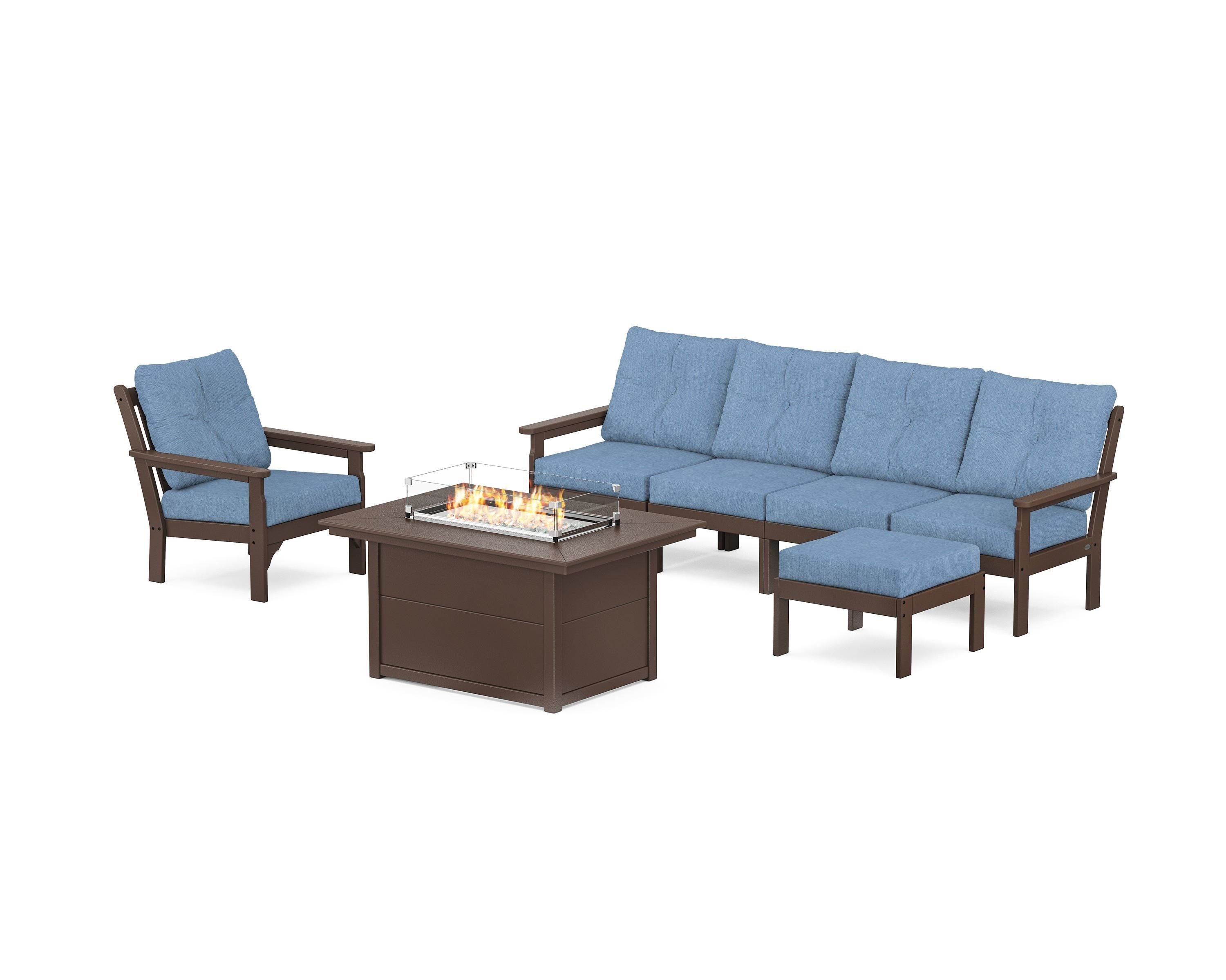 POLYWOOD Vineyard Sectional Lounge and Fire Pit Set in Mahogany / Sky Blue