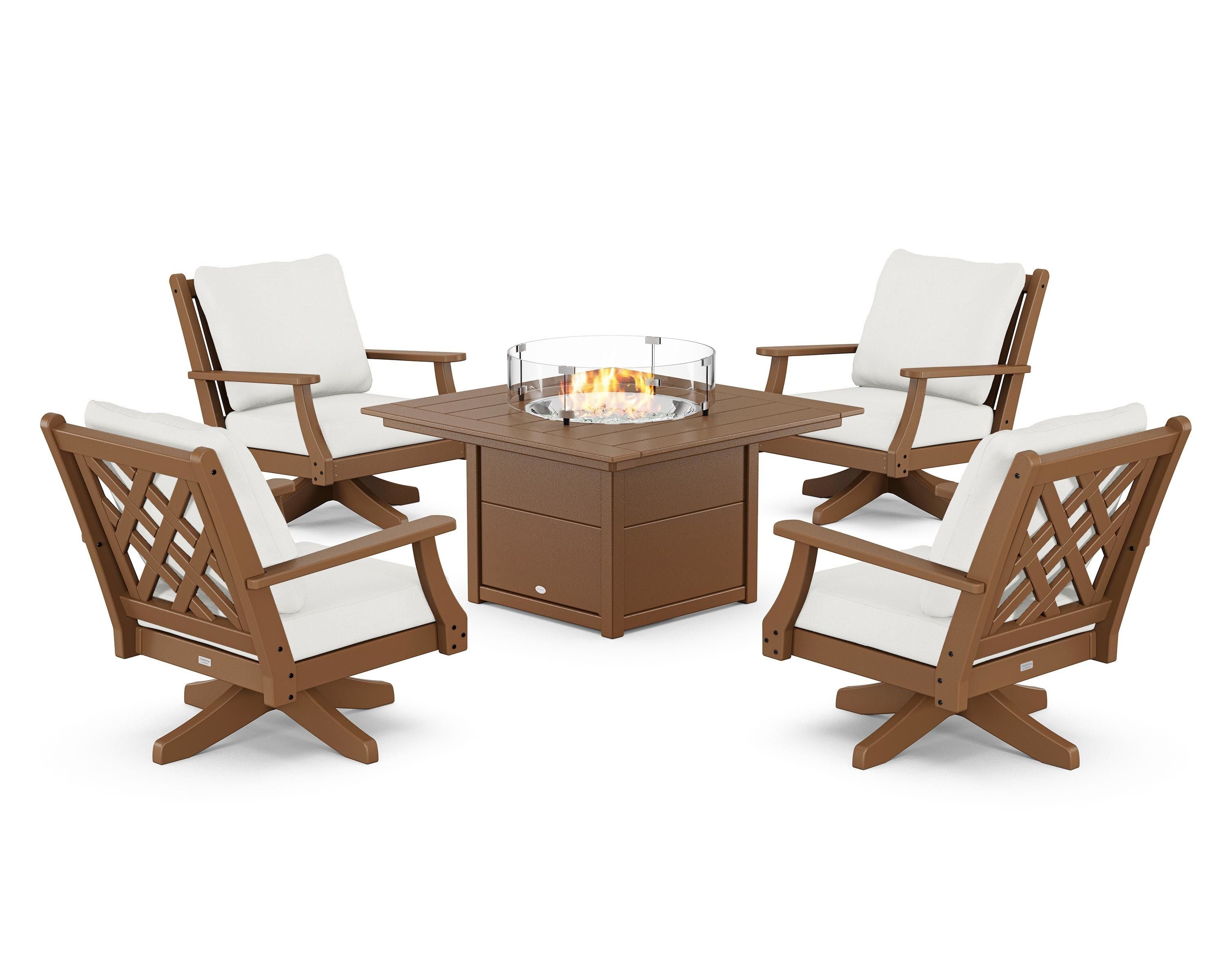 Country Living Wovendale 5-Piece Deep Seating Swivel Conversation Set with Fire Pit Table in Teak / Natural Linen