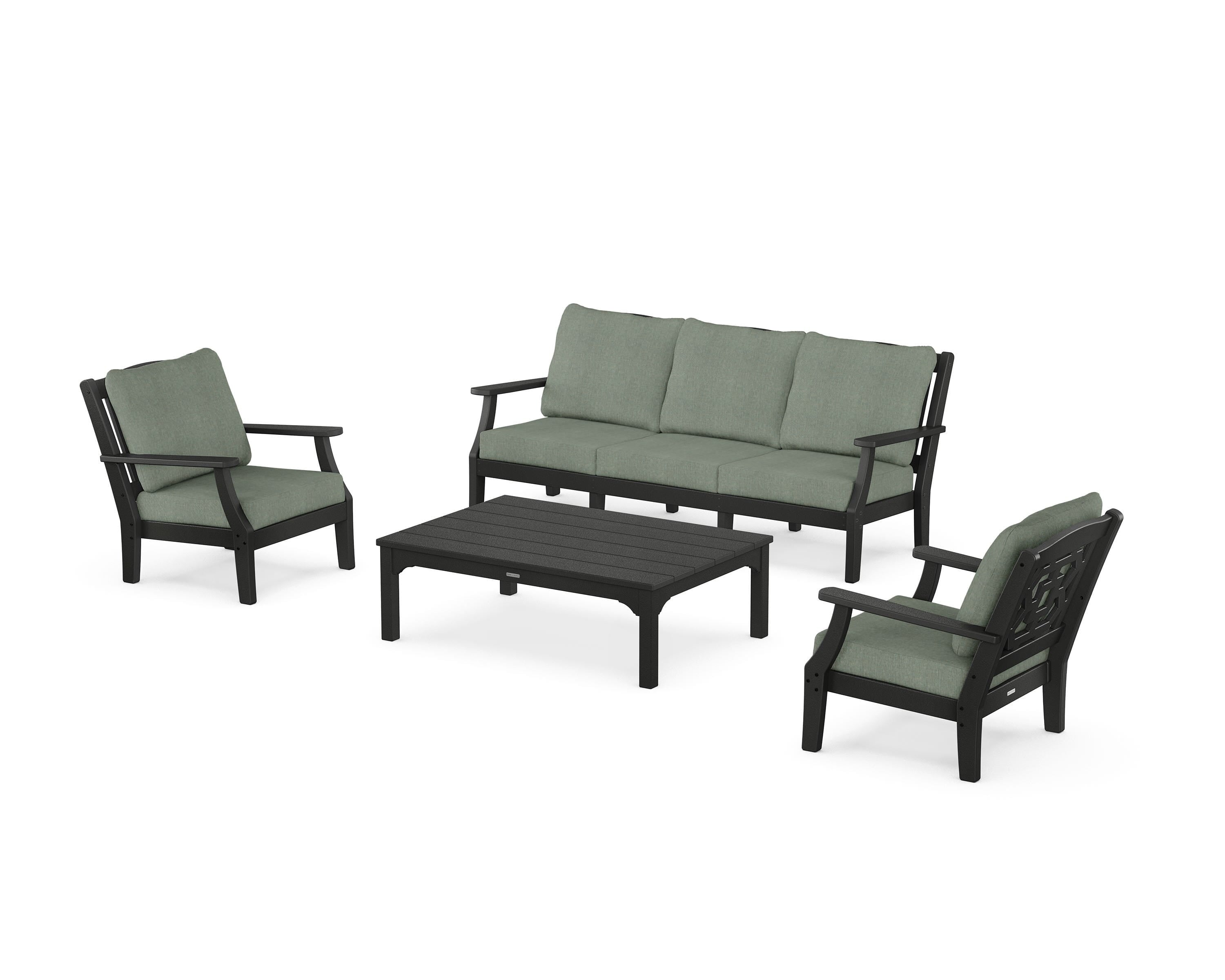 Martha Stewart by POLYWOOD Chinoiserie 4-Piece Deep Seating Set with Sofa in Black / Cast Sage