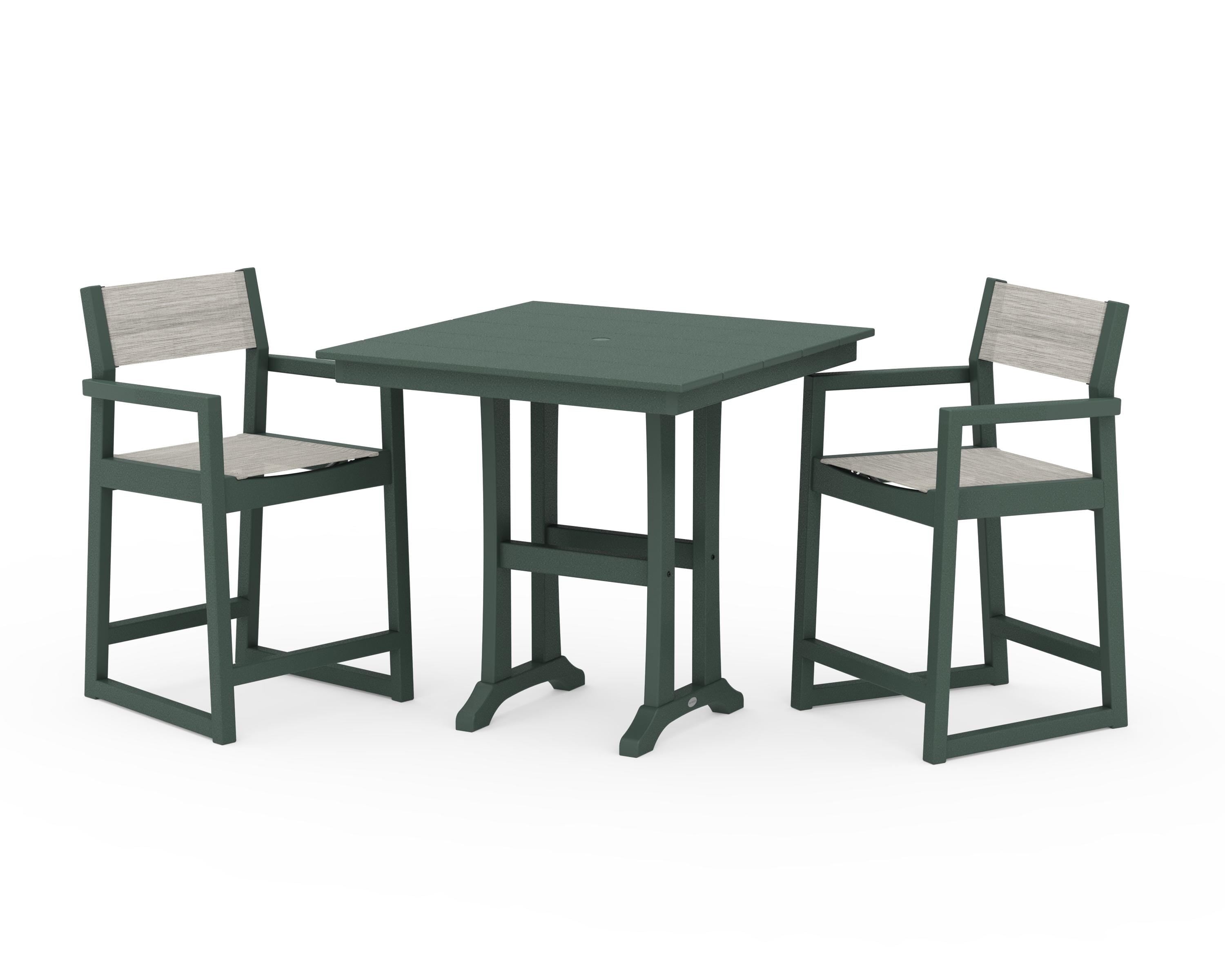 POLYWOOD EDGE Sling Arm Chair 3-Piece Farmhouse Counter Set with Trestle Legs in Green / Birch Sling