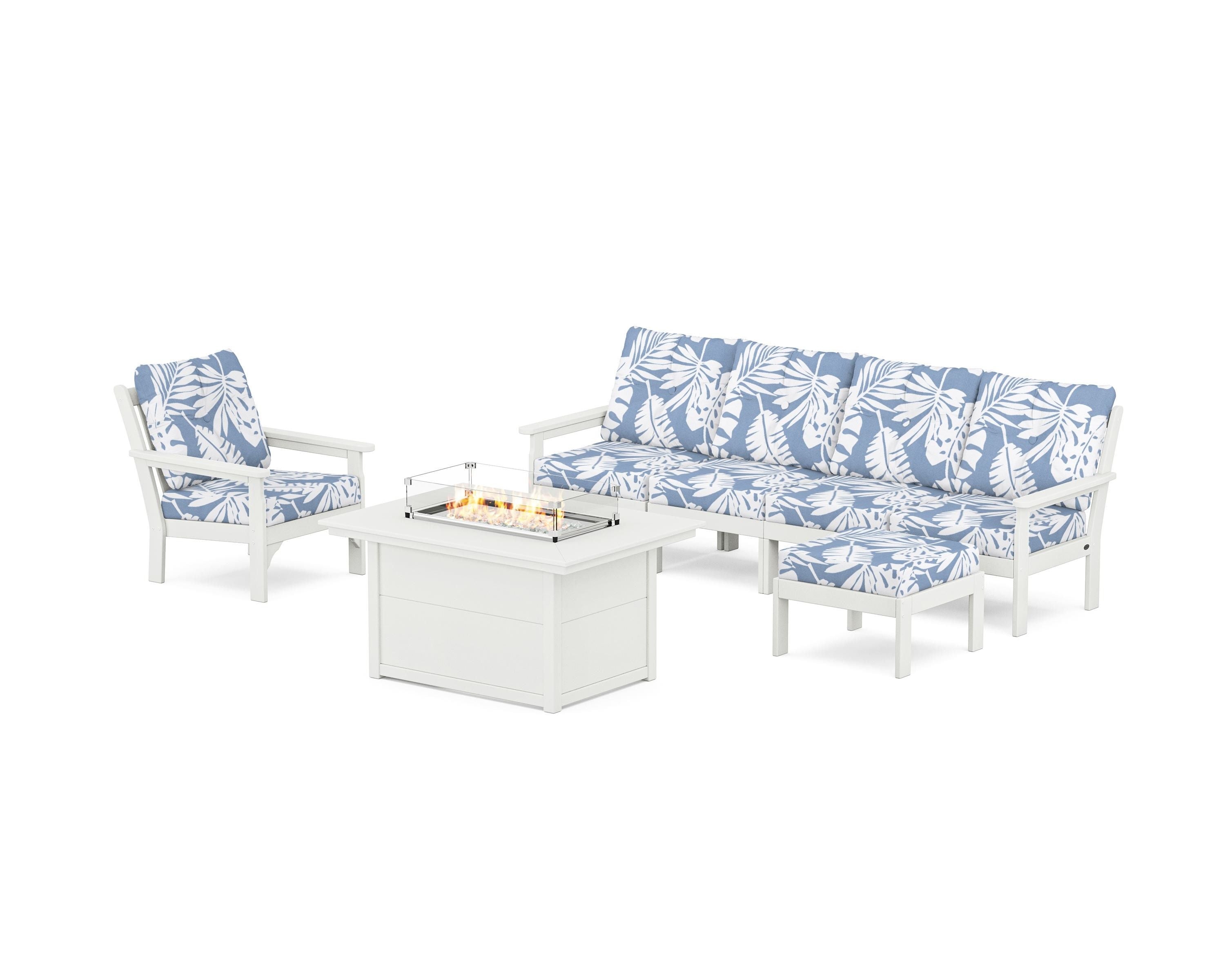 POLYWOOD Vineyard Sectional Lounge and Fire Pit Set in Vintage White / Leaf Sky Blue