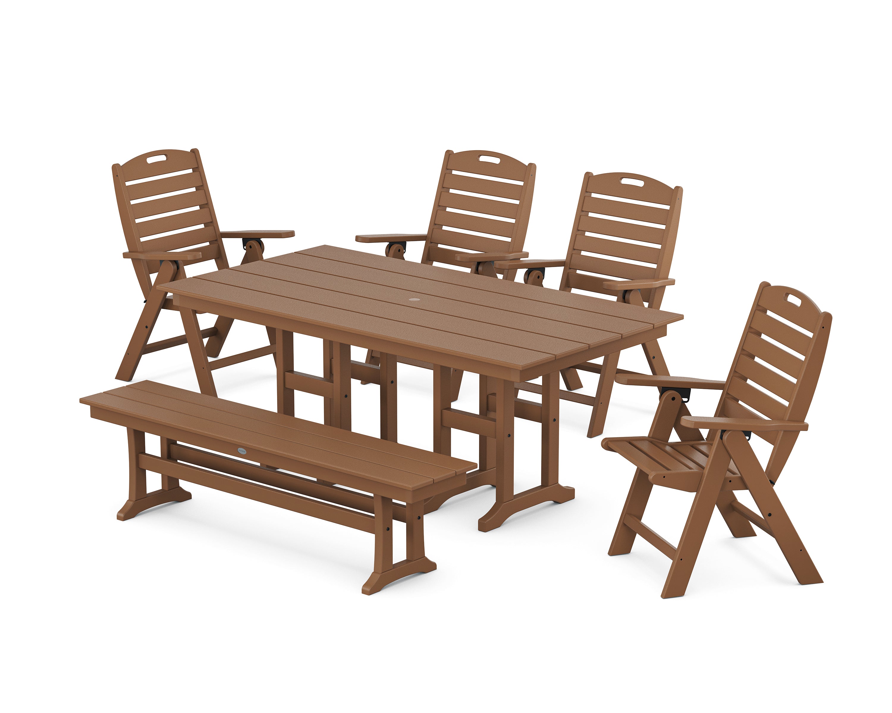 POLYWOOD Nautical Highback 6-Piece Farmhouse Dining Set with Bench in Teak