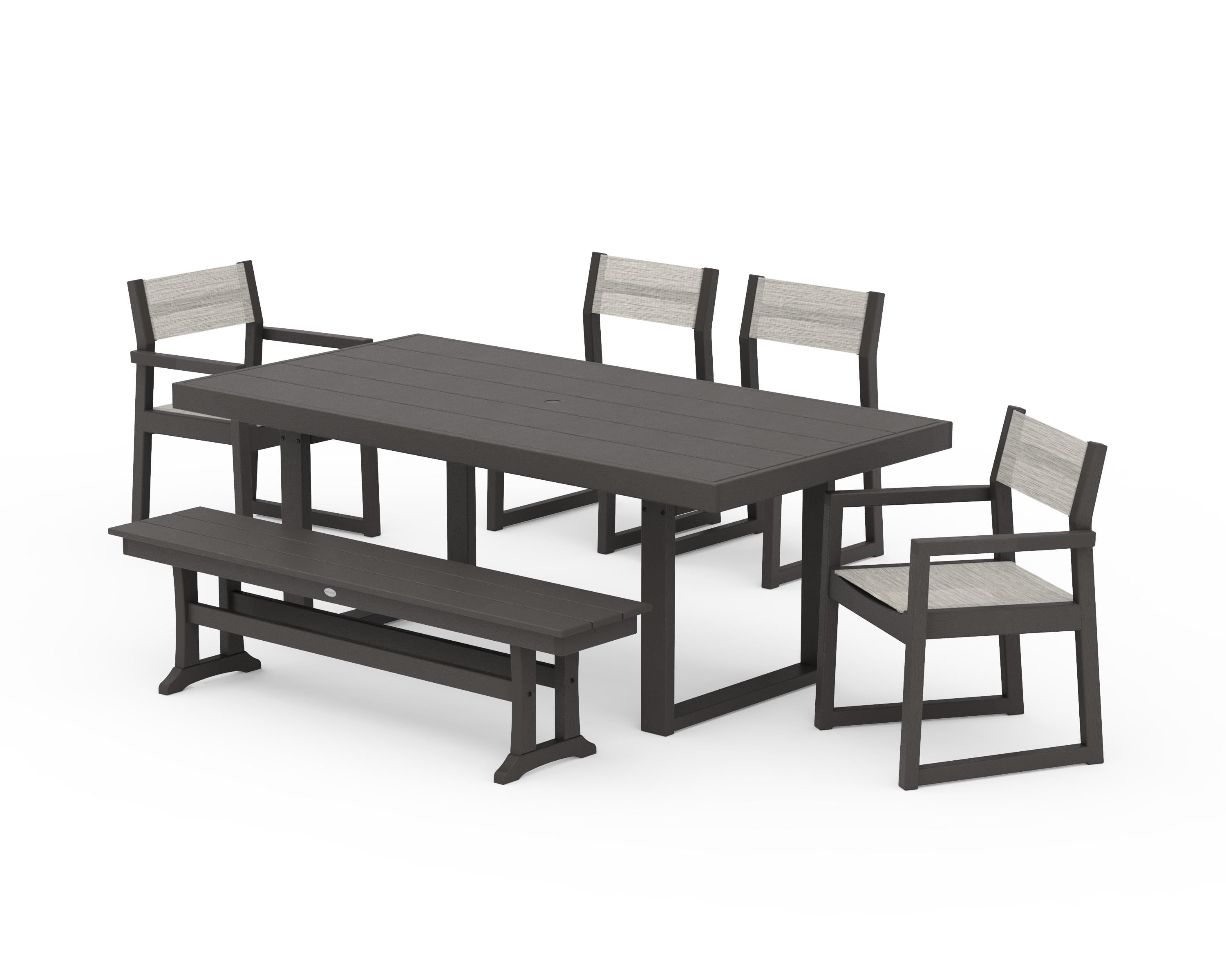 POLYWOOD EDGE Sling 6-Piece Dining Set with Bench in Vintage Coffee / Birch Sling