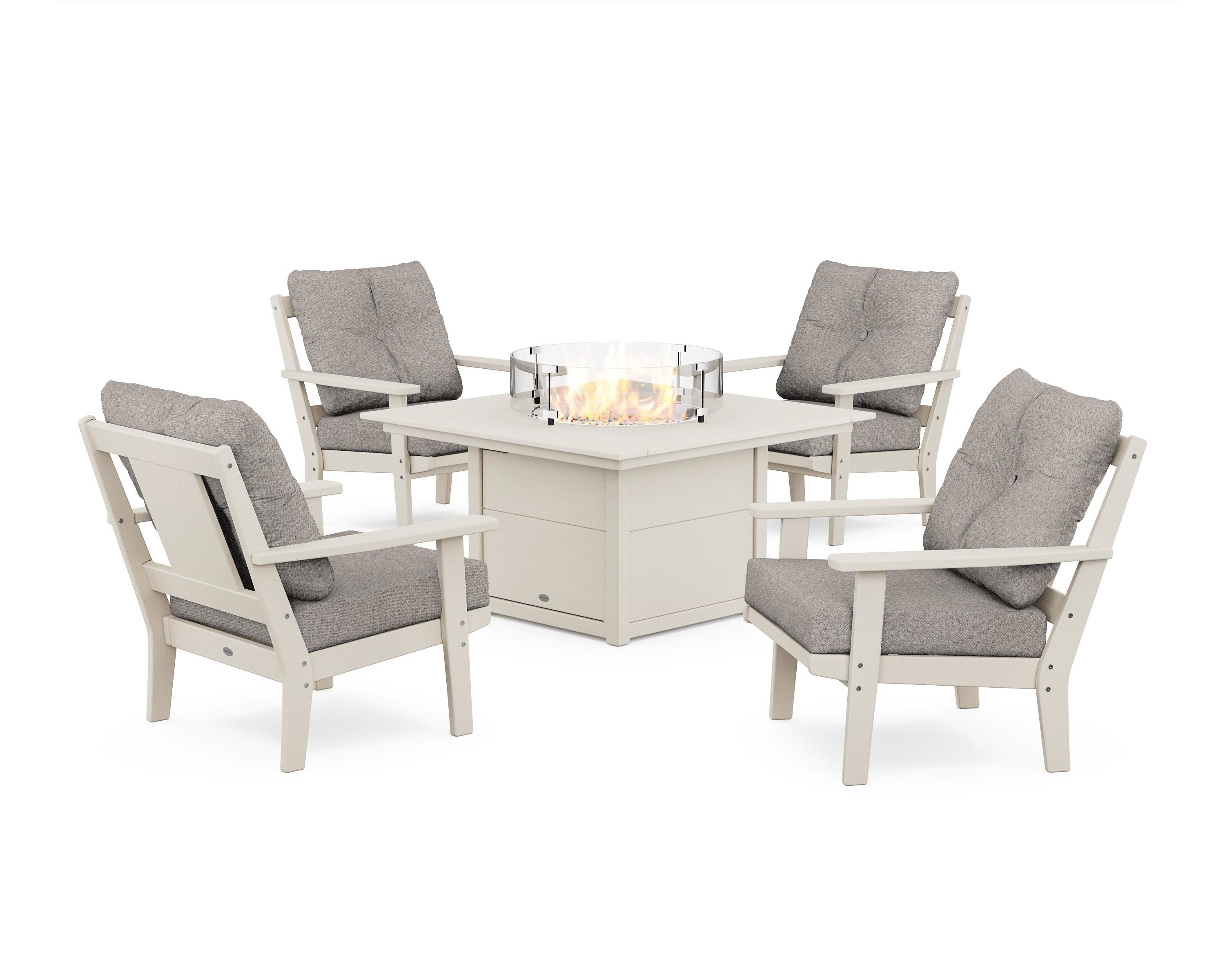 POLYWOOD Prairie 5-Piece Deep Seating Set with Fire Pit Table in Sand / Weathered Tweed