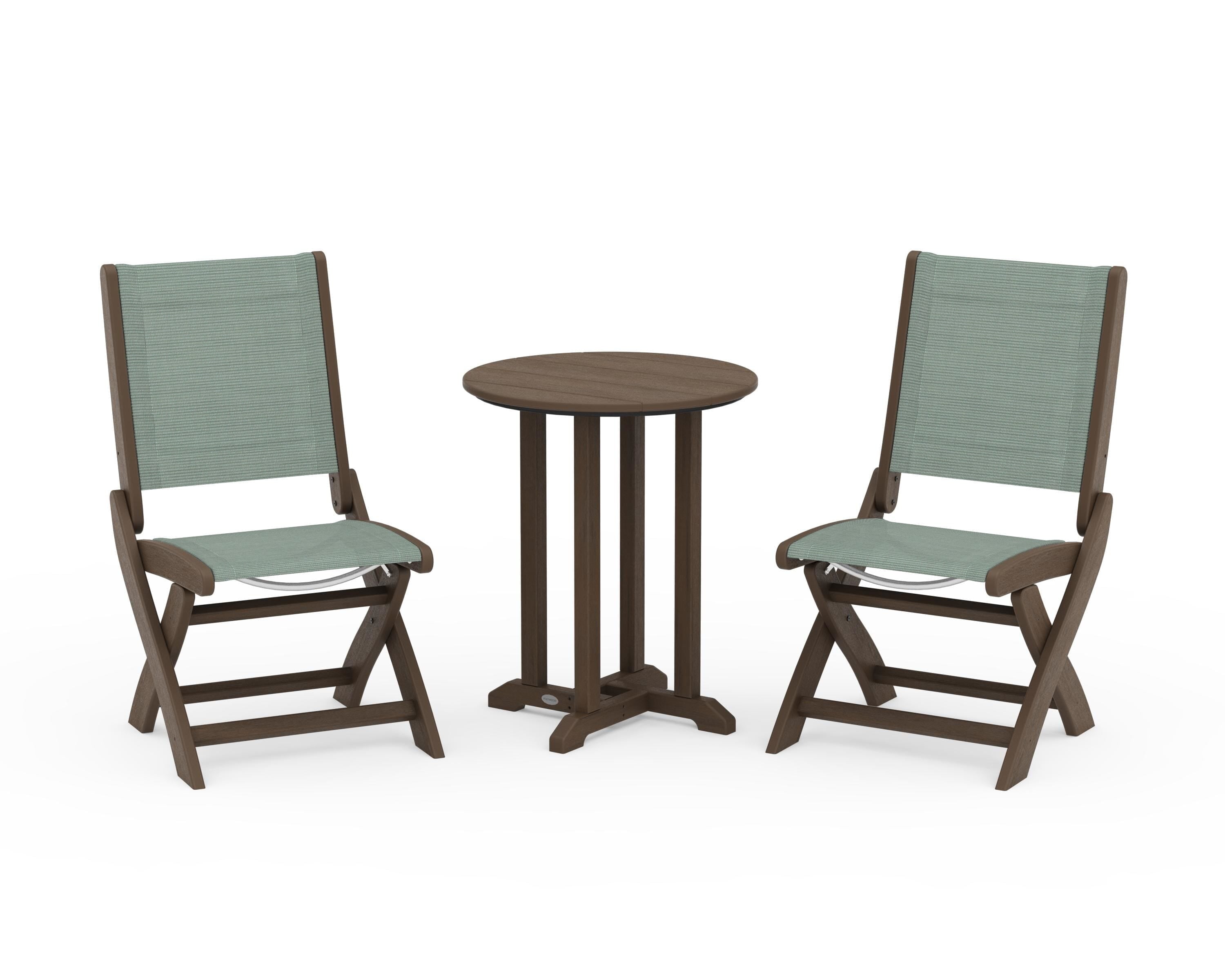 POLYWOOD Coastal Folding Side Chair 3-Piece Round Bistro Dining Set in Kona / Dupioni Sea Mist Sling