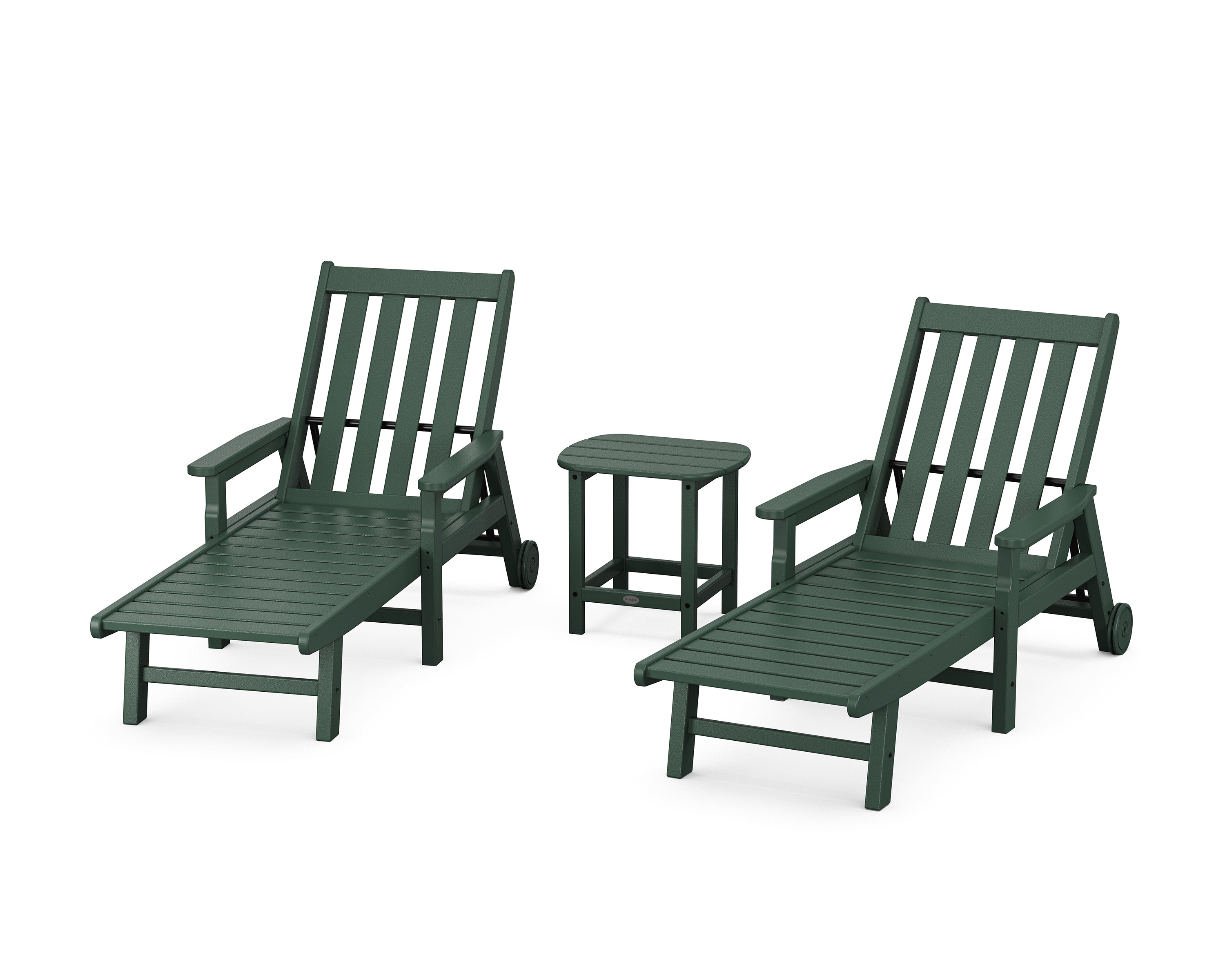 POLYWOOD Vineyard 3-Piece Chaise with Arms and Wheels Set in Green