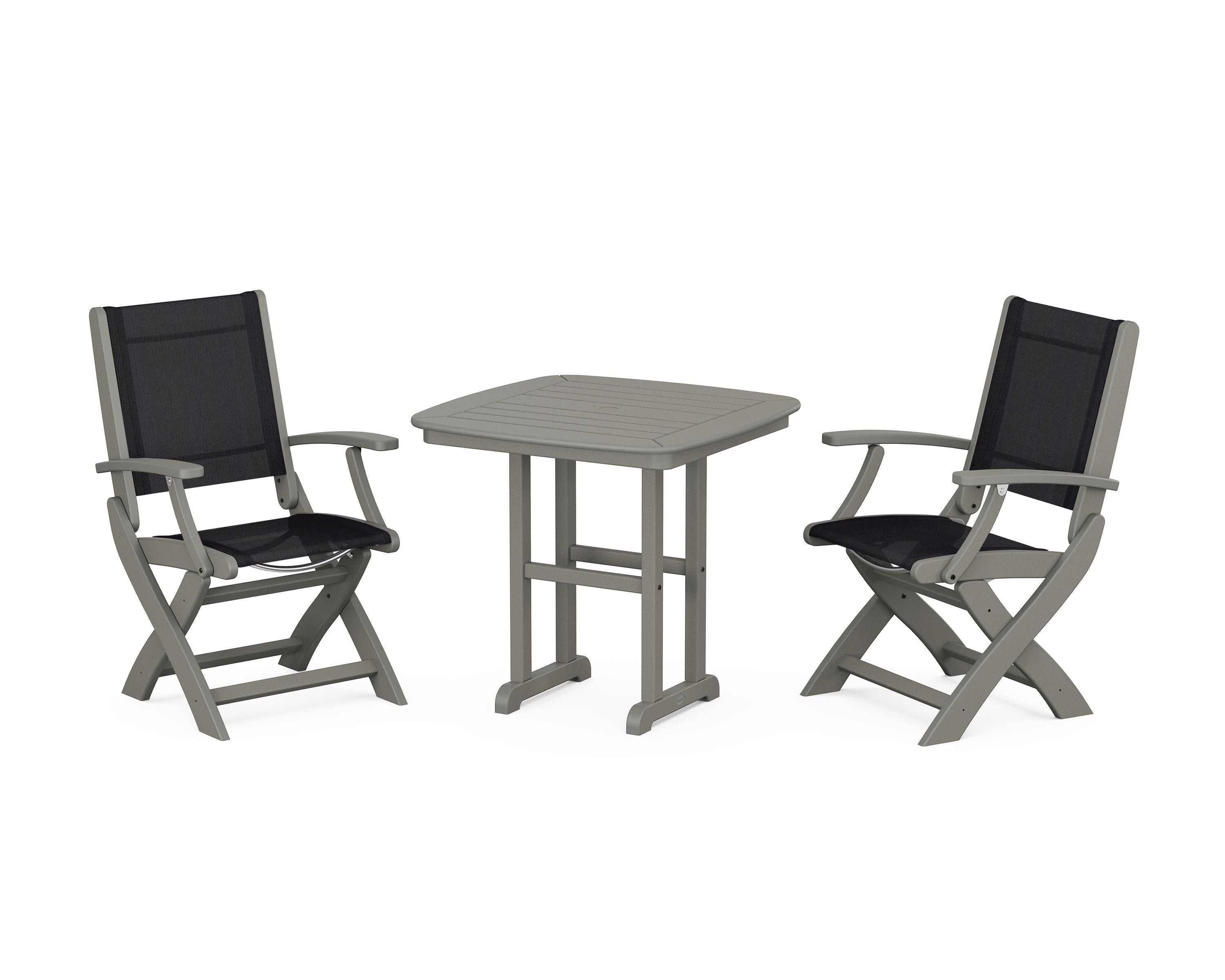 POLYWOOD Coastal Folding Chair 3-Piece Dining Set in Slate Grey / Black Sling