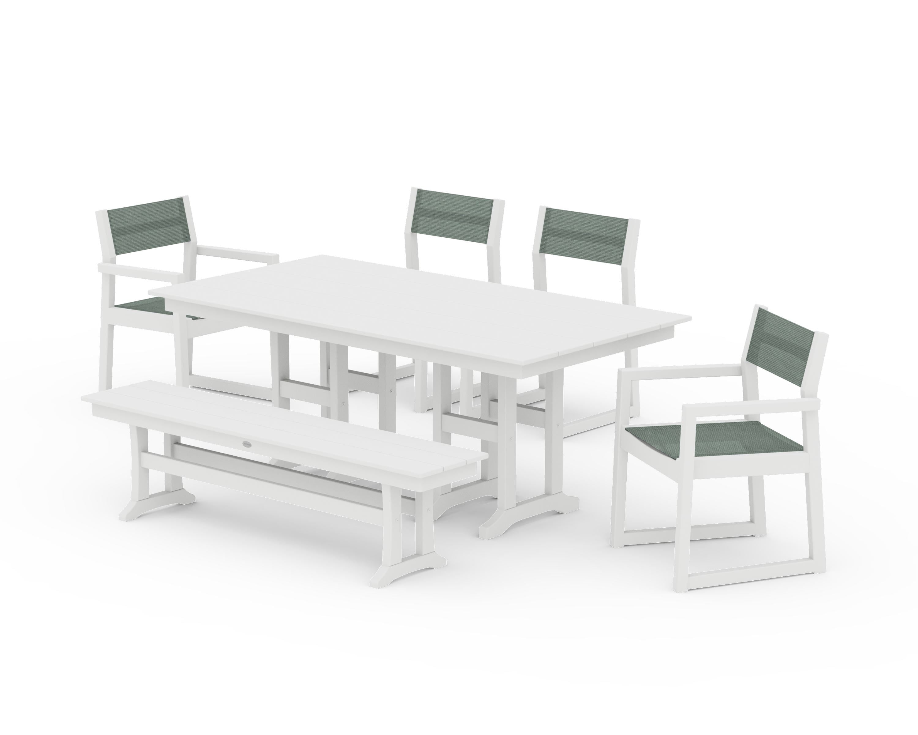 POLYWOOD EDGE Sling 6-Piece Farmhouse Dining Set in White / Dupioni Sea Mist Sling