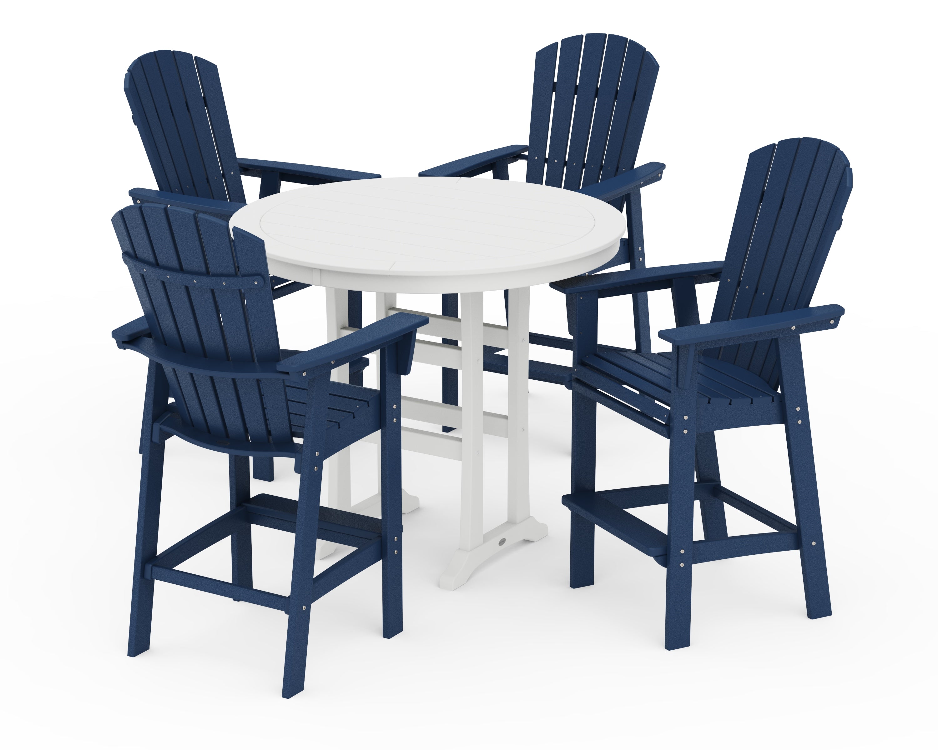 POLYWOOD Nautical Curveback Adirondack 5-Piece Round Trestle Bar Set in Navy / White