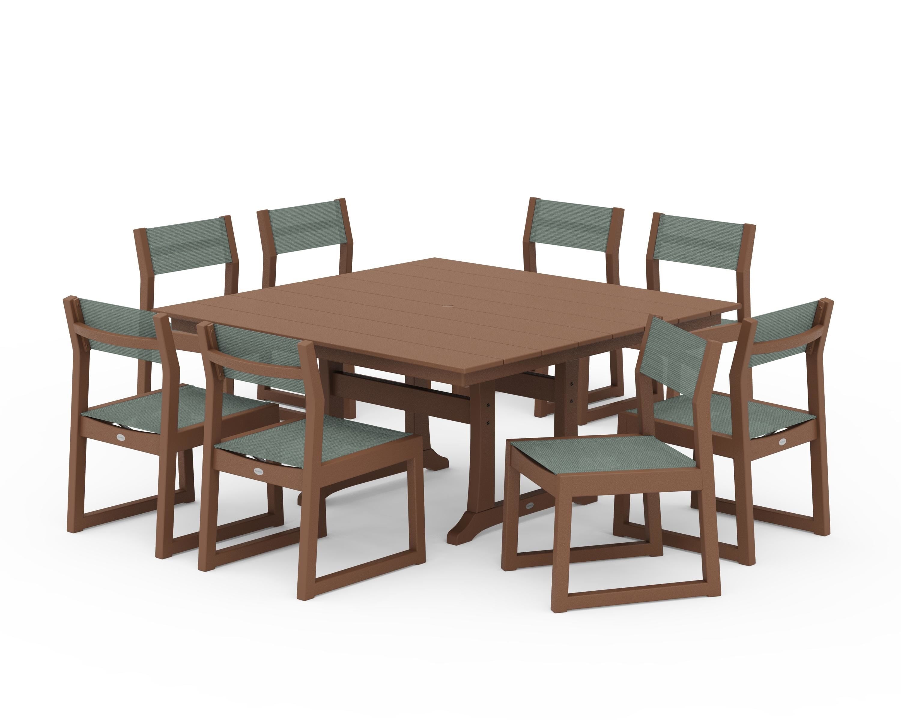 POLYWOOD EDGE Sling Side Chair 9-Piece Farmhouse Trestle Dining Set in Teak / Dupioni Sea Mist Sling