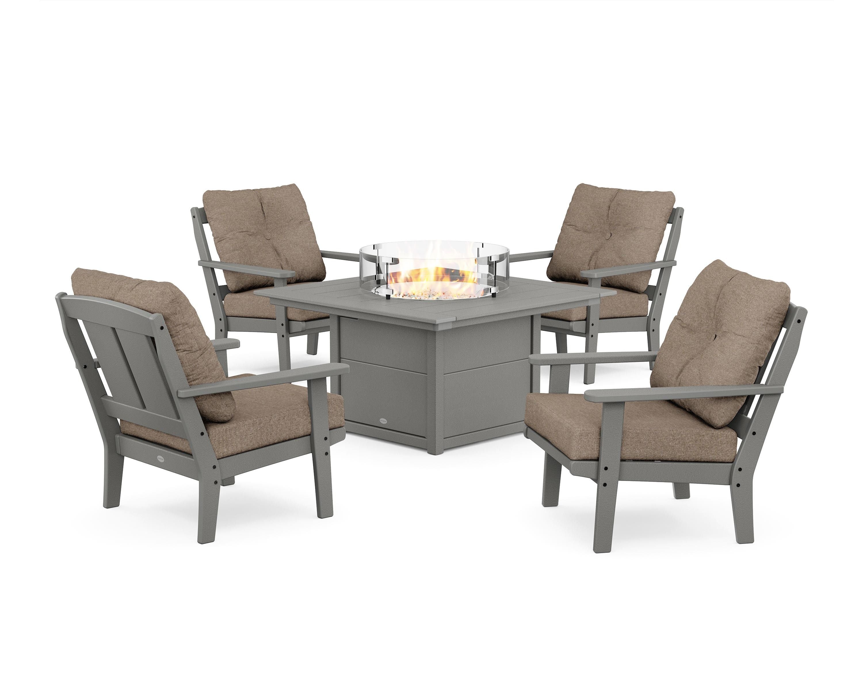 POLYWOOD Mission 5-Piece Deep Seating Set with Fire Pit Table in Slate Grey / Spiced Burlap