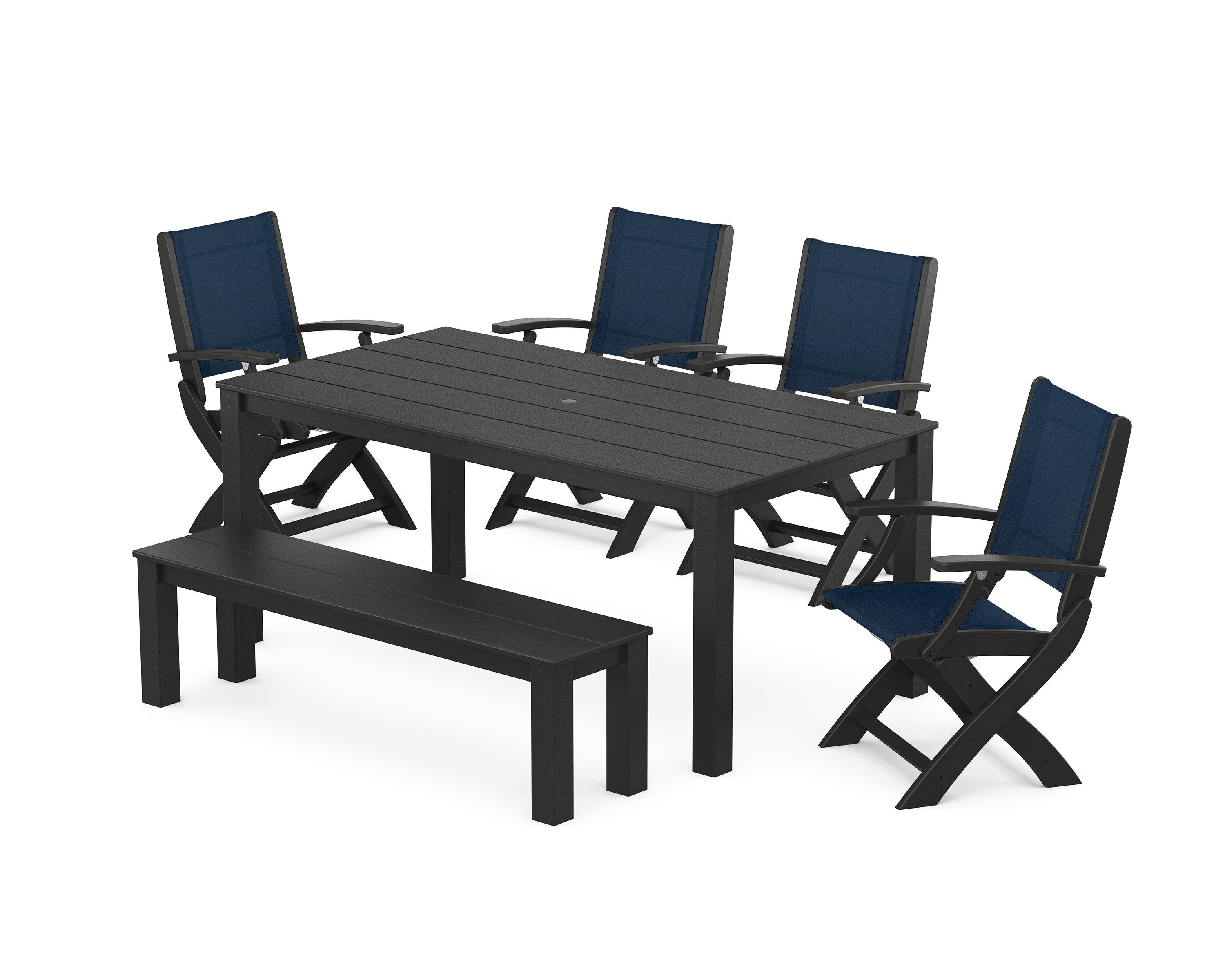 POLYWOOD Coastal Folding Chair 6-Piece Parsons Dining Set with Bench in Black / Navy Blue Sling